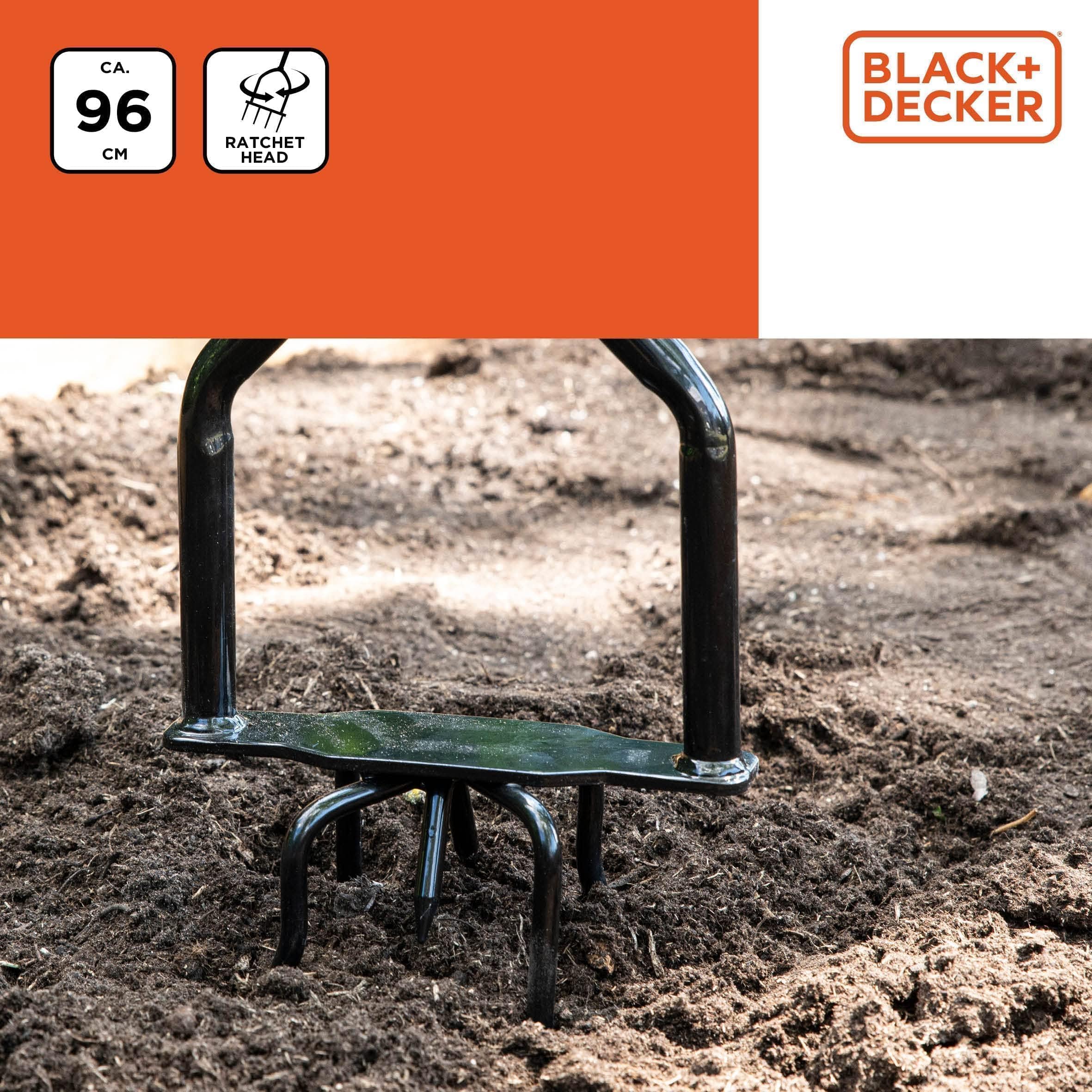 BLACK+DECKER Serpette de Jardin avec cliquet - Tête rotative - Poignée Ergonomique - Cultiver et désherber - Noir/Orange