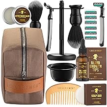 Deluxe Shaving Kit for Men, Gifts for Men, 17pc Shaving Brush Kit with Double Edge Safety Razor, Razor Blades, Sandalwood Bar Soap, Preshave Beard Oil & More, Mens Beard Kit, Birthday Gift