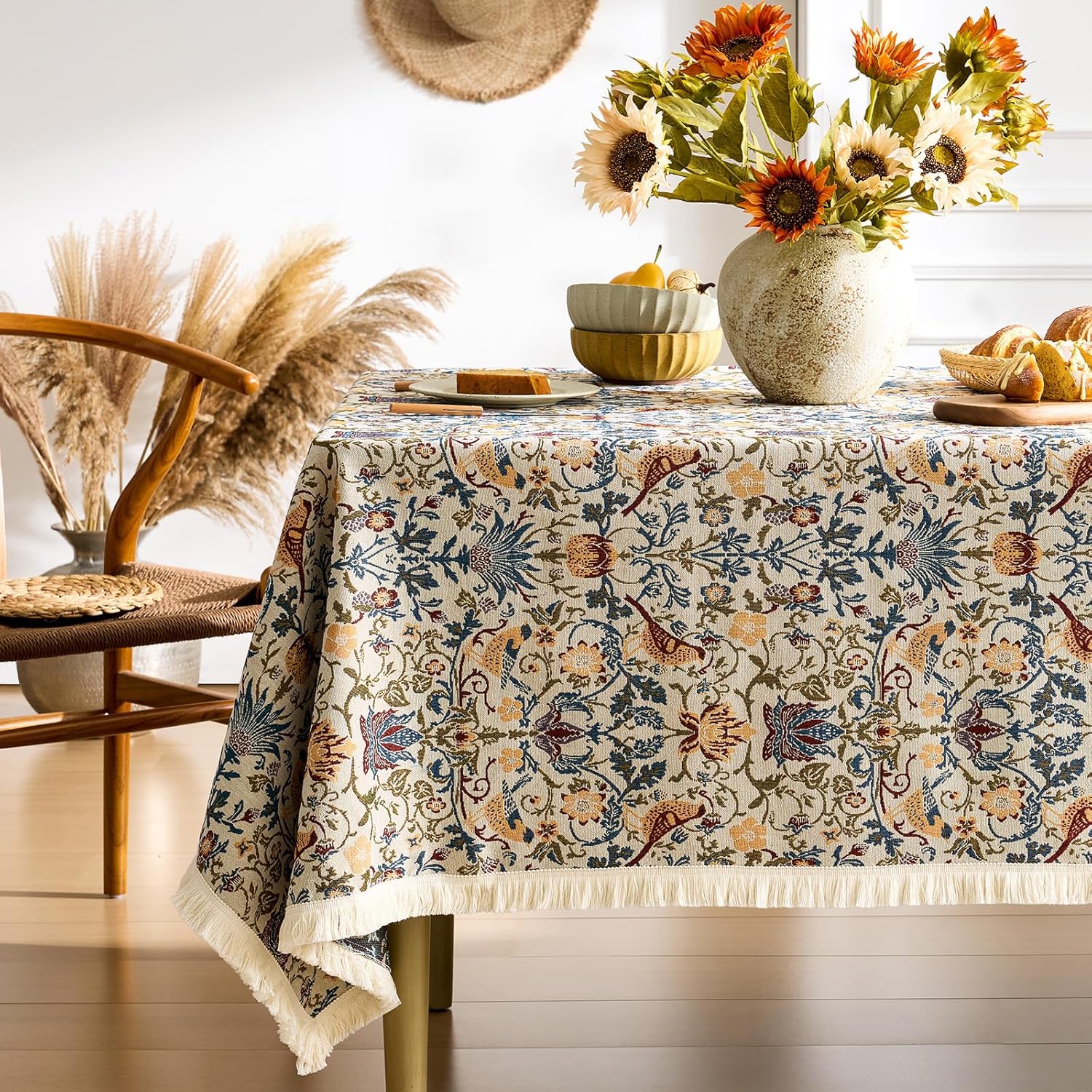 Farmhouse Floral Rectangle Tablecloth Vintage Flower Print Table Cloth with Tassel Rustic French Embroidered Boho Tablecloths Durable Outdoor Table Cover for Kitchen,Dining Room,55 x 102 Inch,Cream