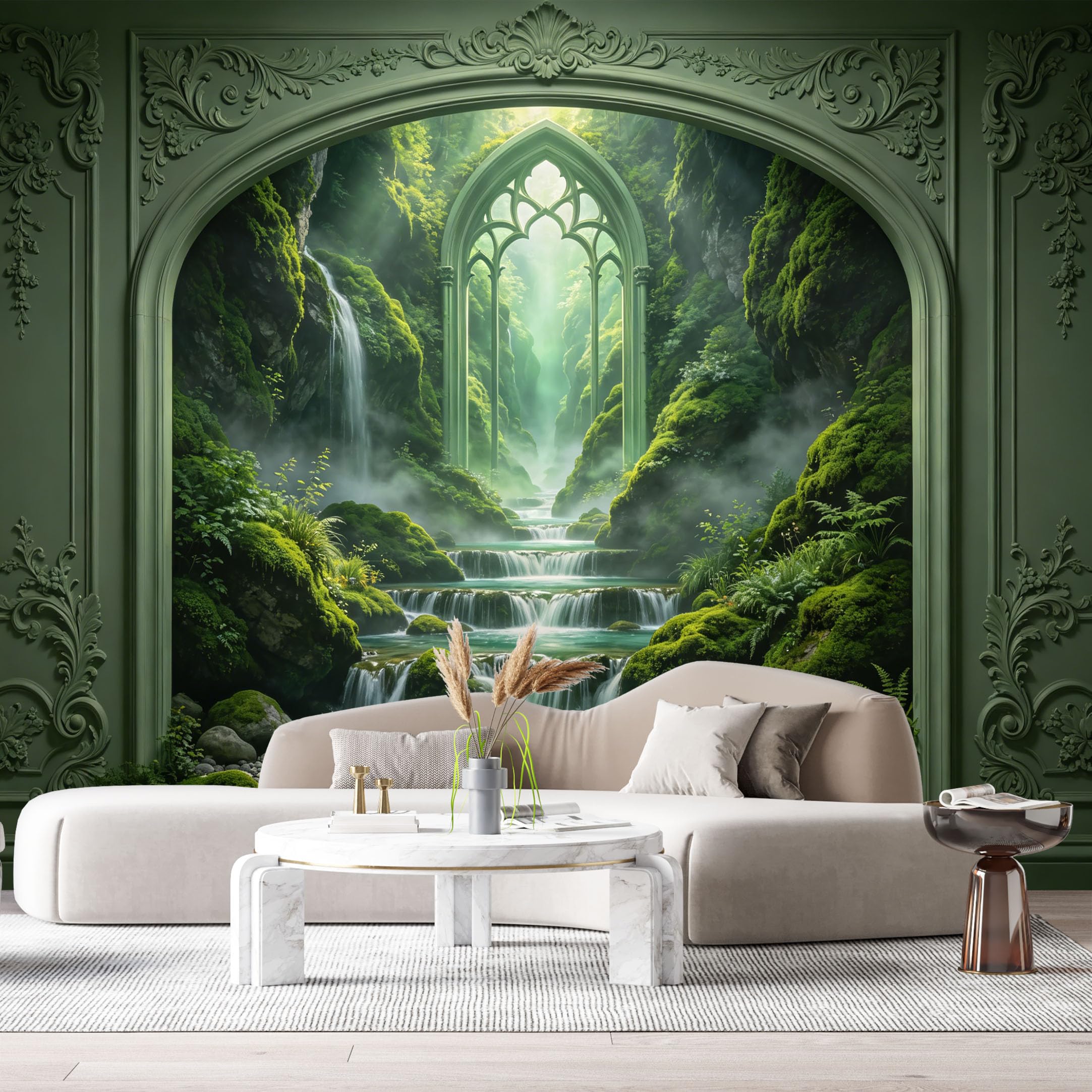Custom Size Wall Murals Gothic Archway Misty Waterfall Fantasy Landscape 3D Trompe L'Oeil SelfAdhesiveWall Fabric Removable Wallpaper Wall Decor for Living Room Bedroom Bathroom