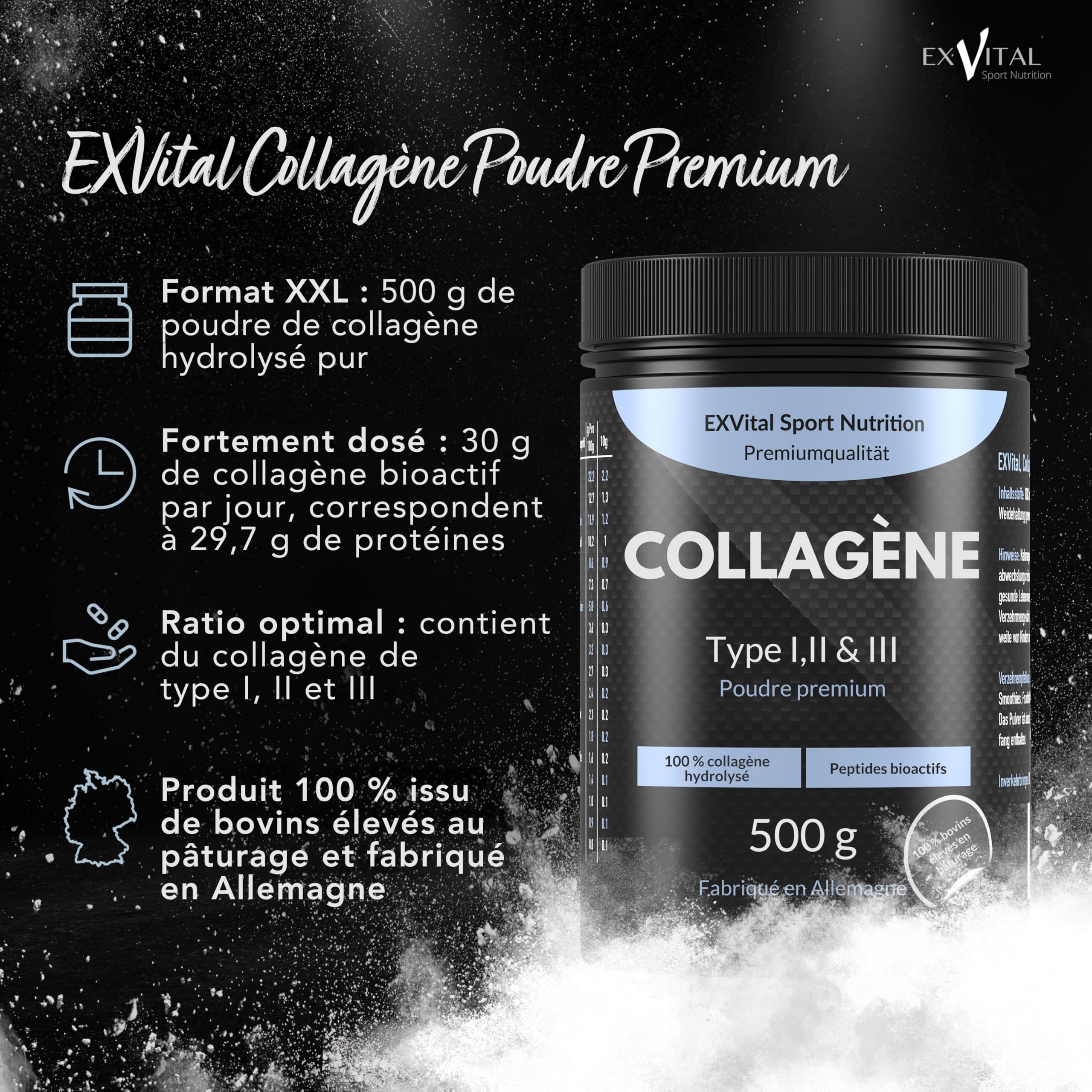 Poudre de collagène 500 grammes - Hydrolysat de collagène bioactif en peptides, poudre de protéines - Sans goût, collagène de type 1, 2 & 3 Lift Drink, hautement dosé
