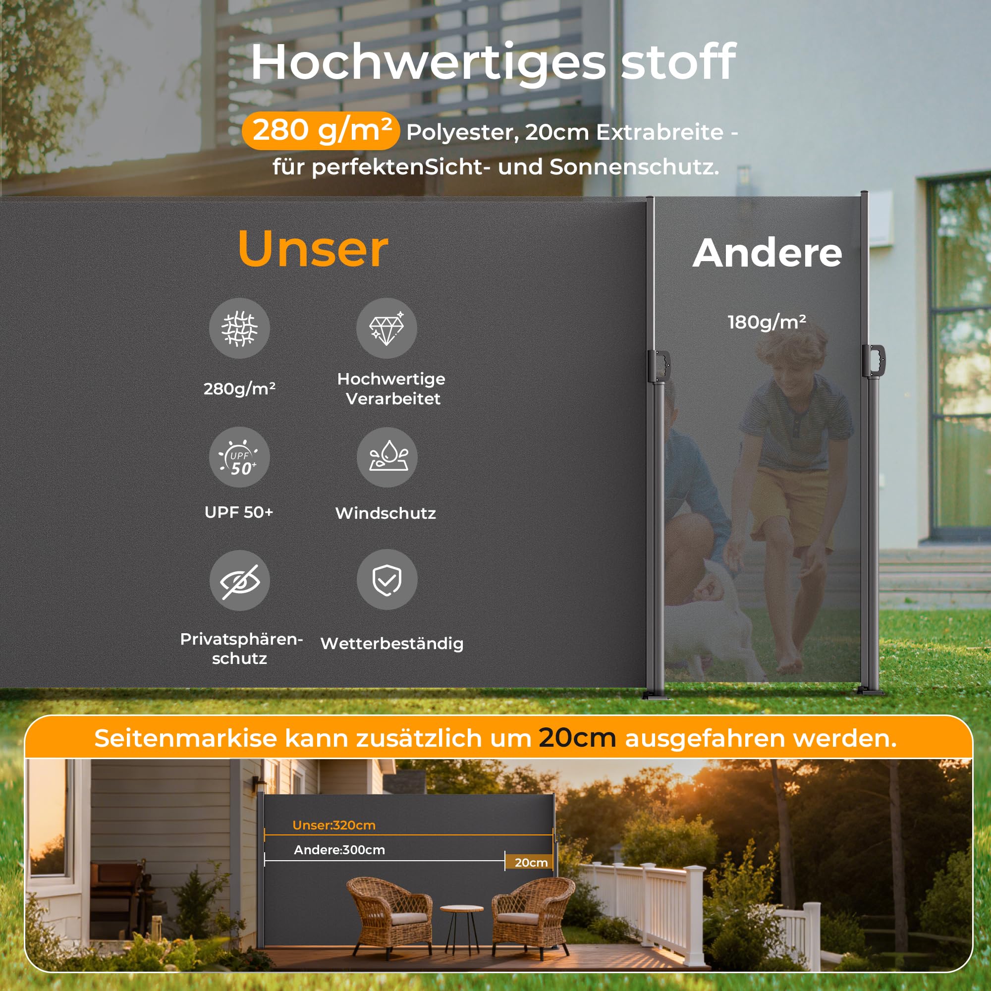 HOMEDEMO Alu-Seitenmarkise ausziehbar, 180x400+20 cm Anthrazit, Sichtschutz Sonnenschutz Markise, Windschutz Wasserdicht Seitenzugmarkise, Seitenrollo für Balkon, Terrasse, Garten