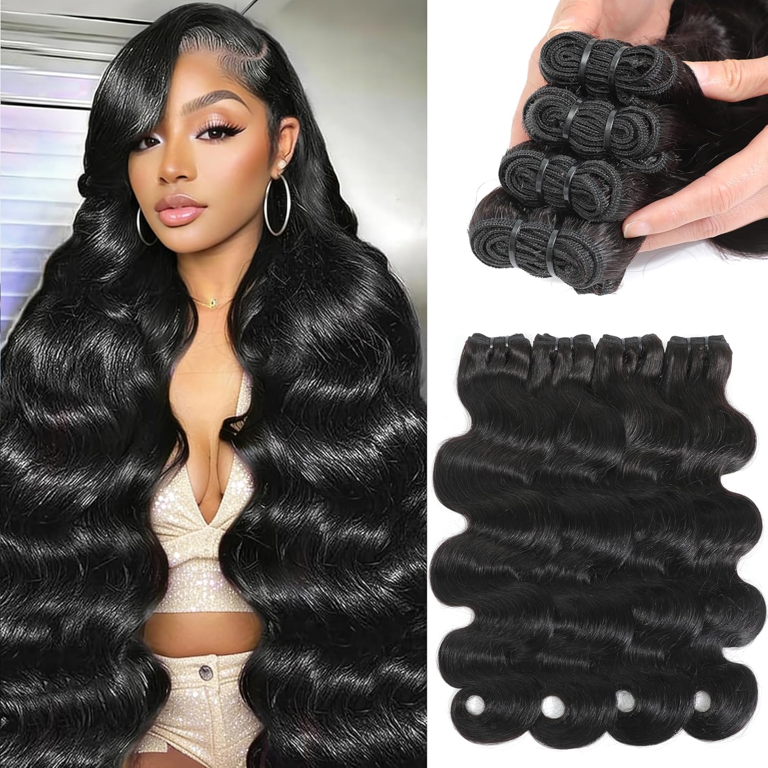 16A Body Wave Bundles Human Hair, 20 22 24 Inch 3Pcs Raw Bundles Human Hair Extensions, Direction Cuticles, Quick Weave Unprocessed Virgin Human Hair, Retains Silky Soft and Thick 3X Longer Lifespan