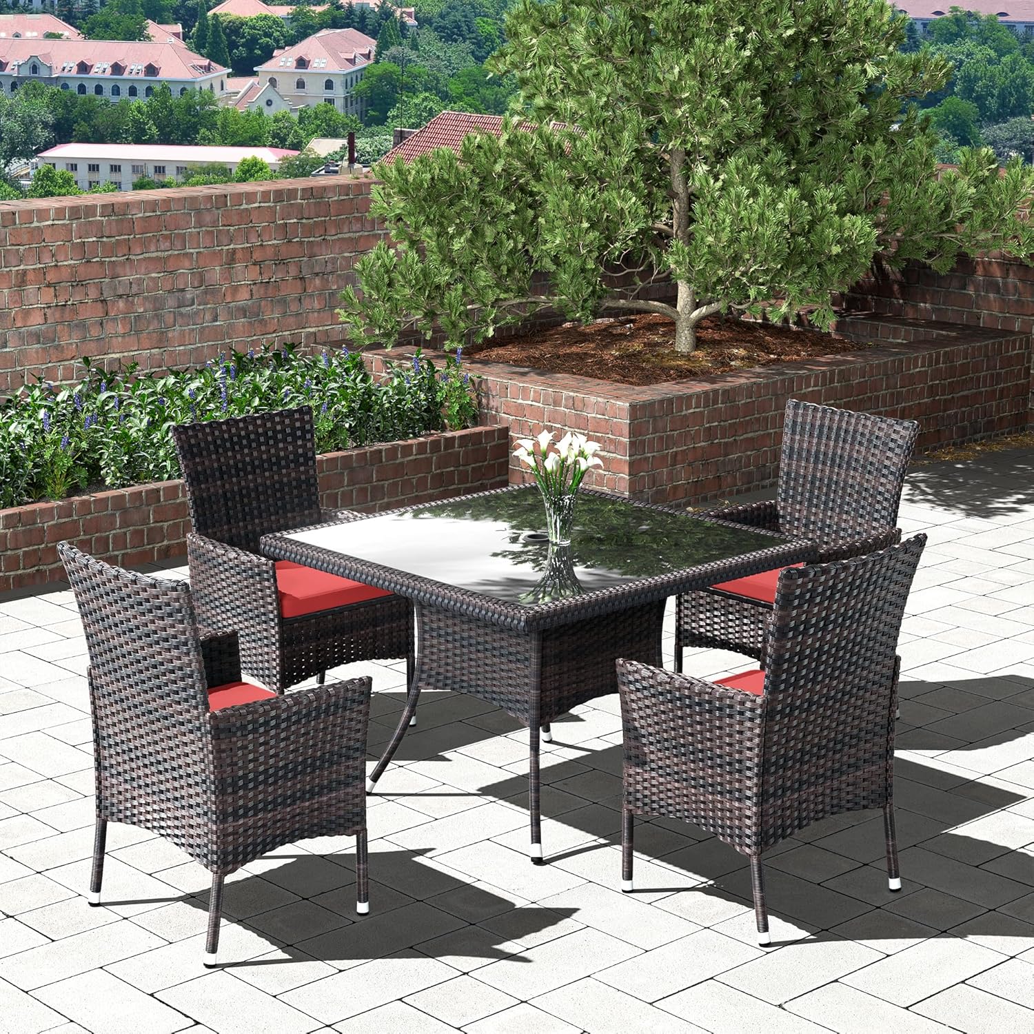 5 Pieces Outdoor Patio Dining Set,Patio Table and Chairs Rattan Outdoor Patio Furniture Set with Umbrella Hole,Dining Table Set for 4 with Chairs for Backyard,Garden and Kitchen,Red