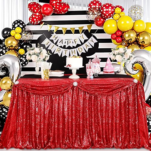 Miniatura 2 de Falda de mesa roja con lentejuelas para mesa rectangular de 6 pies para fiesta, boda, cumpleaños, mesa de pastel