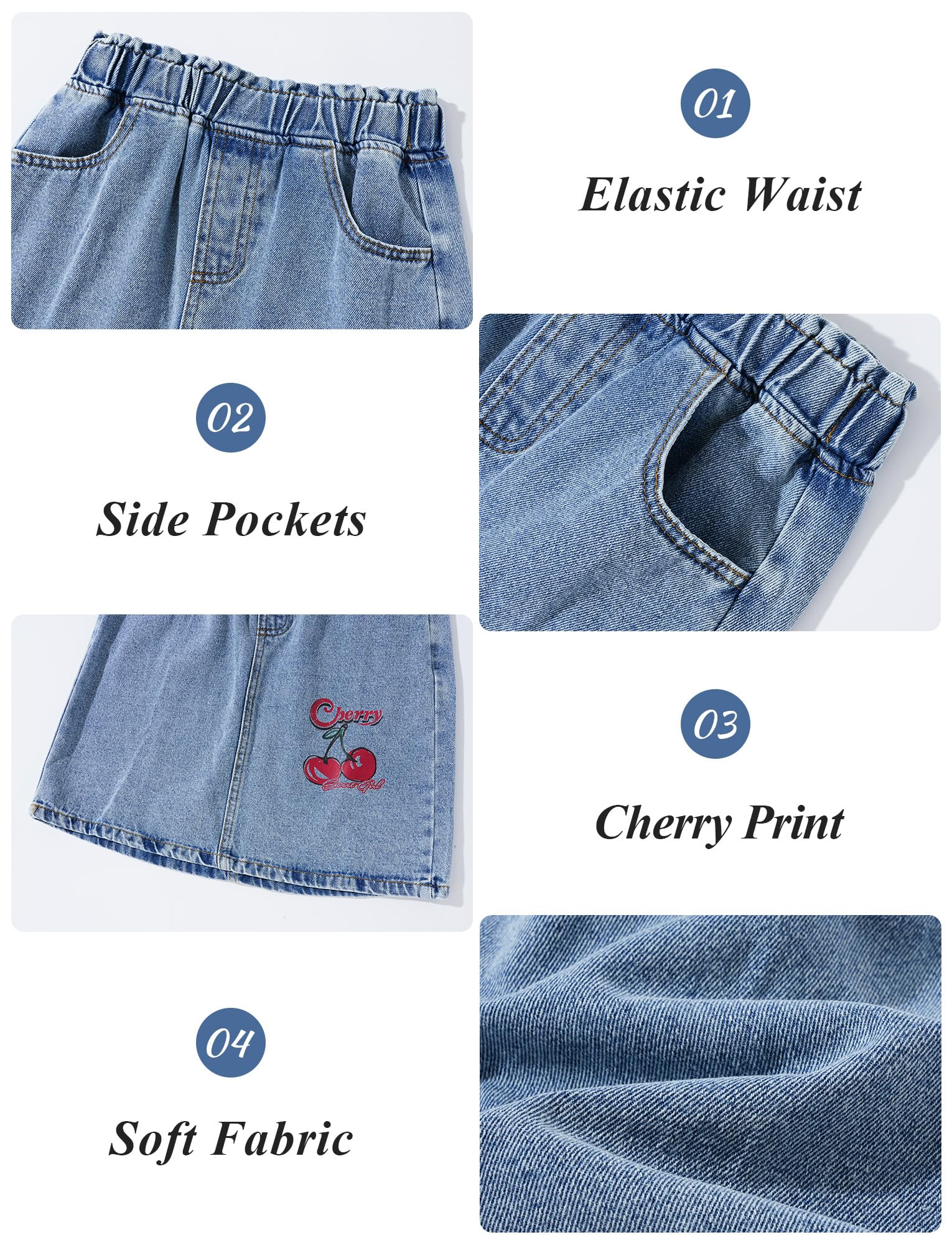 Maeau Gonna corta in jeans da ragazza, gonna corta estiva a vita alta, linea ad A, in denim lavato, con tasche, 8-12 anni