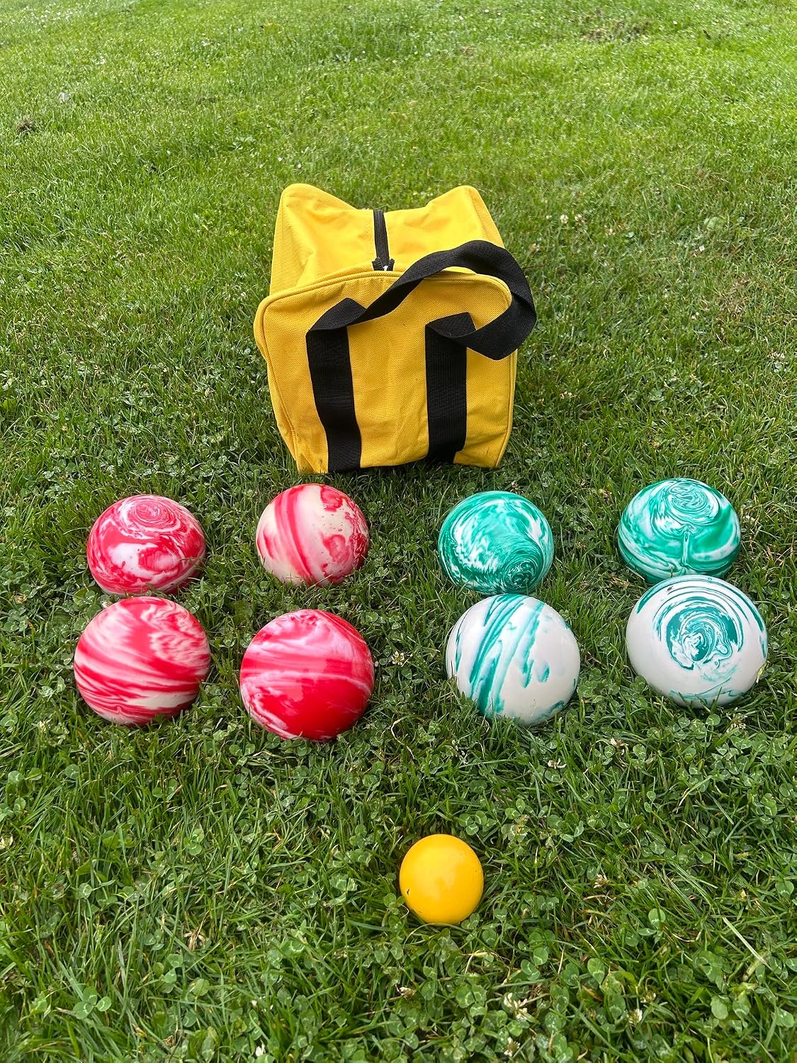 BuyBocceBalls Listing - Made in USA, Premium Quality Official Tournament Bocce Set - 107mm Marble Green and Marble Red Balls Nylon Bag; Regulation Size Balls 920 Grams (2 lbs. 1 oz.)