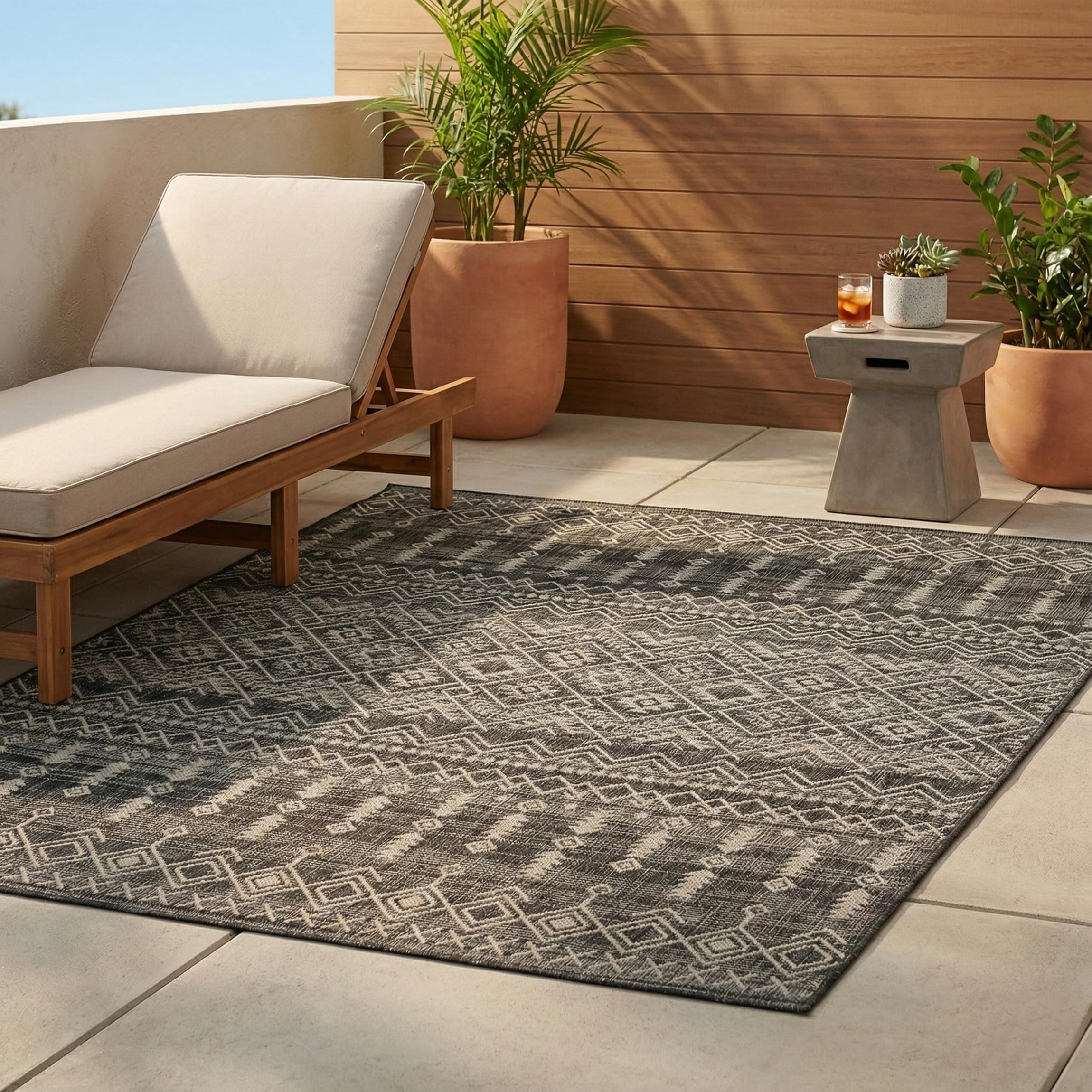 FH Home Flat Woven Outdoor Rug - Waterproof, Easy to Clean, Stain Resistant - Premium Polypropylene Yarn - Boho Moroccan - Patio, Porch, Deck, Balcony