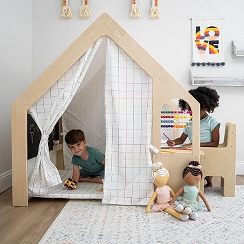 Avenlur Flair - 5 in 1 Indoor Playhouse with Desk Table, Chair, Chalkboard, Floor Cushion and Curtain Shades - Montessori and Waldorf Style for Ages 1 to 8 Years Old - Large, Colorful Windowpane