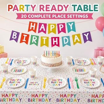 142 Happy Birthday Party Decorations, Birthday Colorful Dots Tableware Set Includes Banner Plates Napkins Cups Tablecloth Cutlery for Adults and Kids Party Supplies Serves 20 (Birthday)