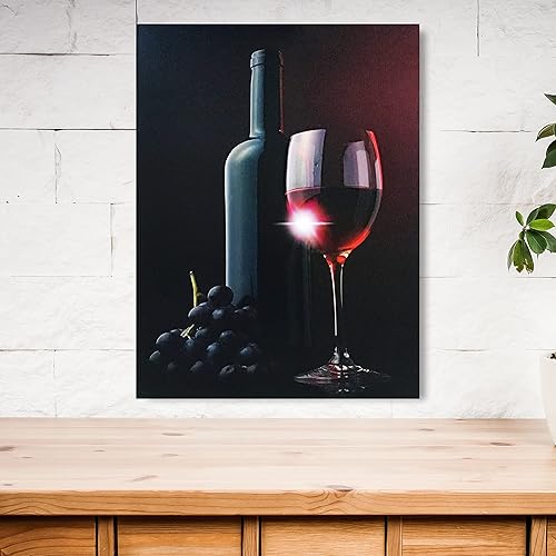 Miniatura 3 de BANBERRY DESIGNS Impresión en lienzo iluminada, vino tinto en una copa con botella y uvas moradas oscuras, 12 x 16 pulgadas
