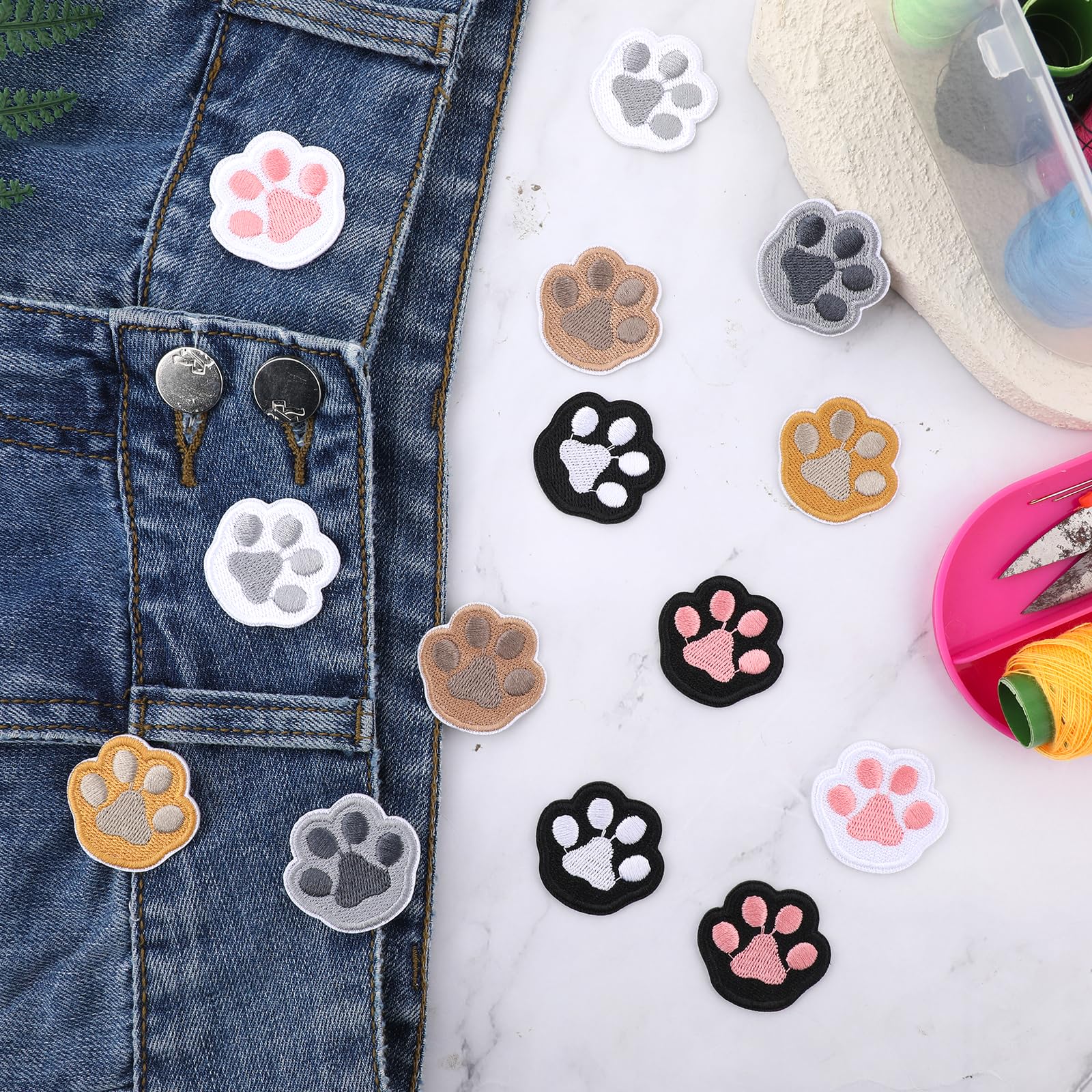 JKJF 14 stuks geborduurde patches met pootafdruk - kattenpoot opstrijkbare en naaibare badges voor kleding, rugzak, schoenen, jas, jeans, hoed, jurk