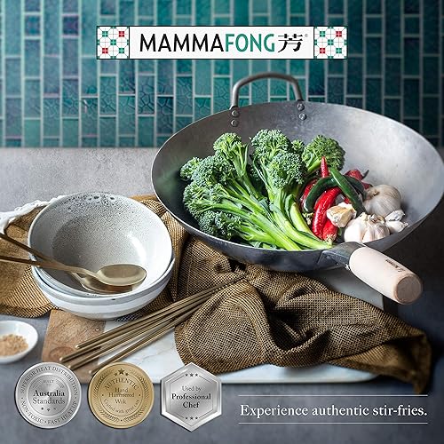 Miniatura 6 de Mammafong Sartén wok de acero al carbono de fondo plano, auténticos woks martillados a mano y sartenes para freír - Wok Pow Wok de 14 pulgadas