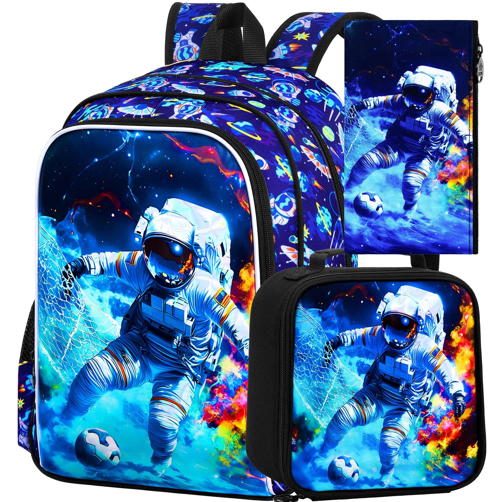 3Pcs Astronaut Backpack for Boys, 16" Kids School Bookbag with Lunch Box, Soccer Backpacks Set for Elementary Preschool Kindergarten(Blue)