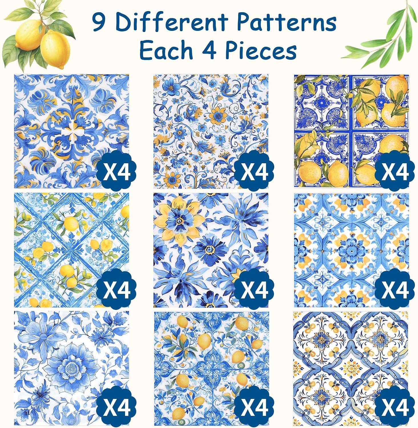 36pcs Mediterranean Decoupage Napkins – Mixed 9 Amalfi Coast Designs, 13x13 inch, Blue & Yellow Italian Lemon Tile Paper Napkins for Crafts, DIY, and Home Décor
