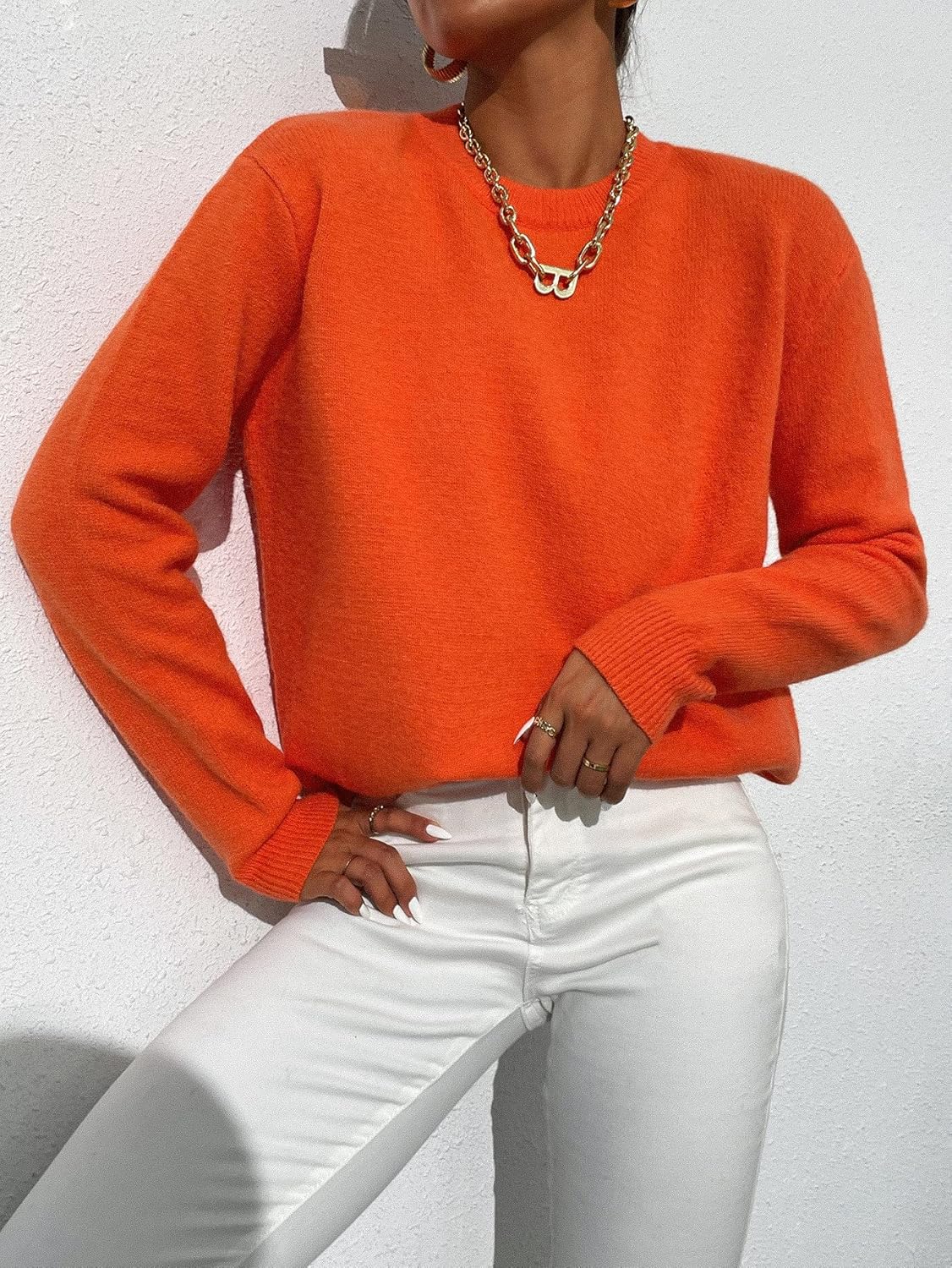 BEDAW Women's Sweater Solid Crew Neck Sweater Sweater for Women (Color : Orange, Size : Medium)