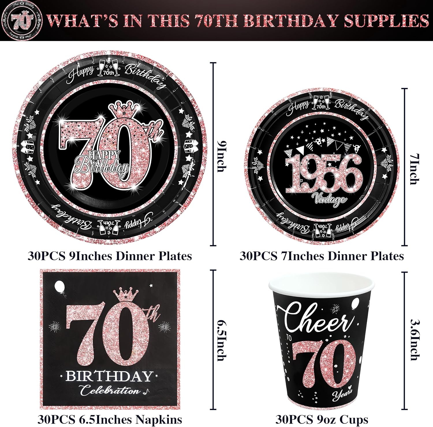 70th Birthday Decorations Rose Gold, Service for 30, Vintage 70th Birthday Party Supplies Includes Rose Gold 1956 Plates, Napkins,Cups, Plates and Napkins for Women - Image 2