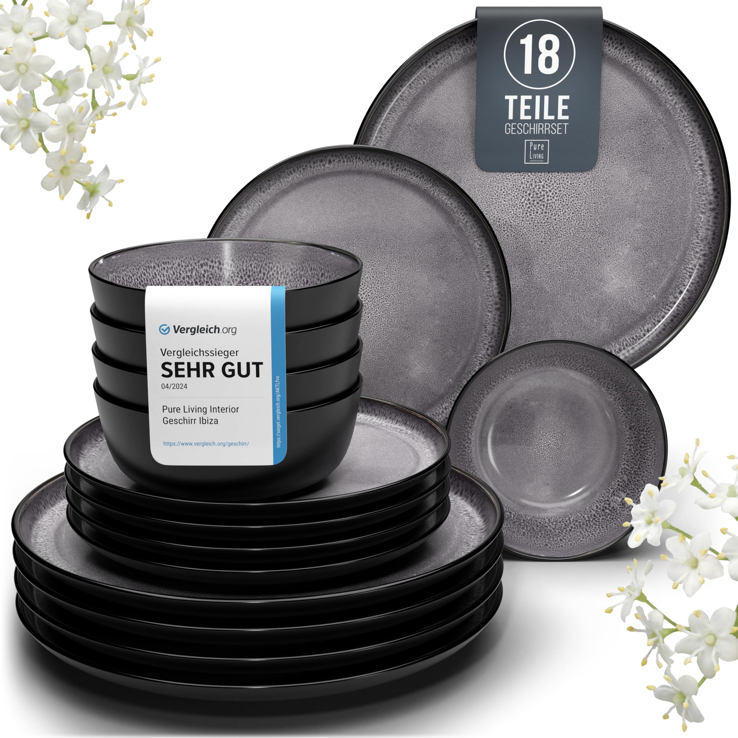 Stoneware tableware set 6 persons Ibiza 18 pcs - Mediterranean tableware set, dishwasher, microwave and scratch resistant - bowl and plate set - dinnerware Pure Living black in gray