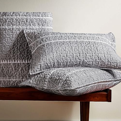 Miniatura 2 de Juego de edredón de tamaño King gris (108 x 96 pulgadas), juego de colcha ligera, patrón de triángulo a rayas, colcha reversible para todas las