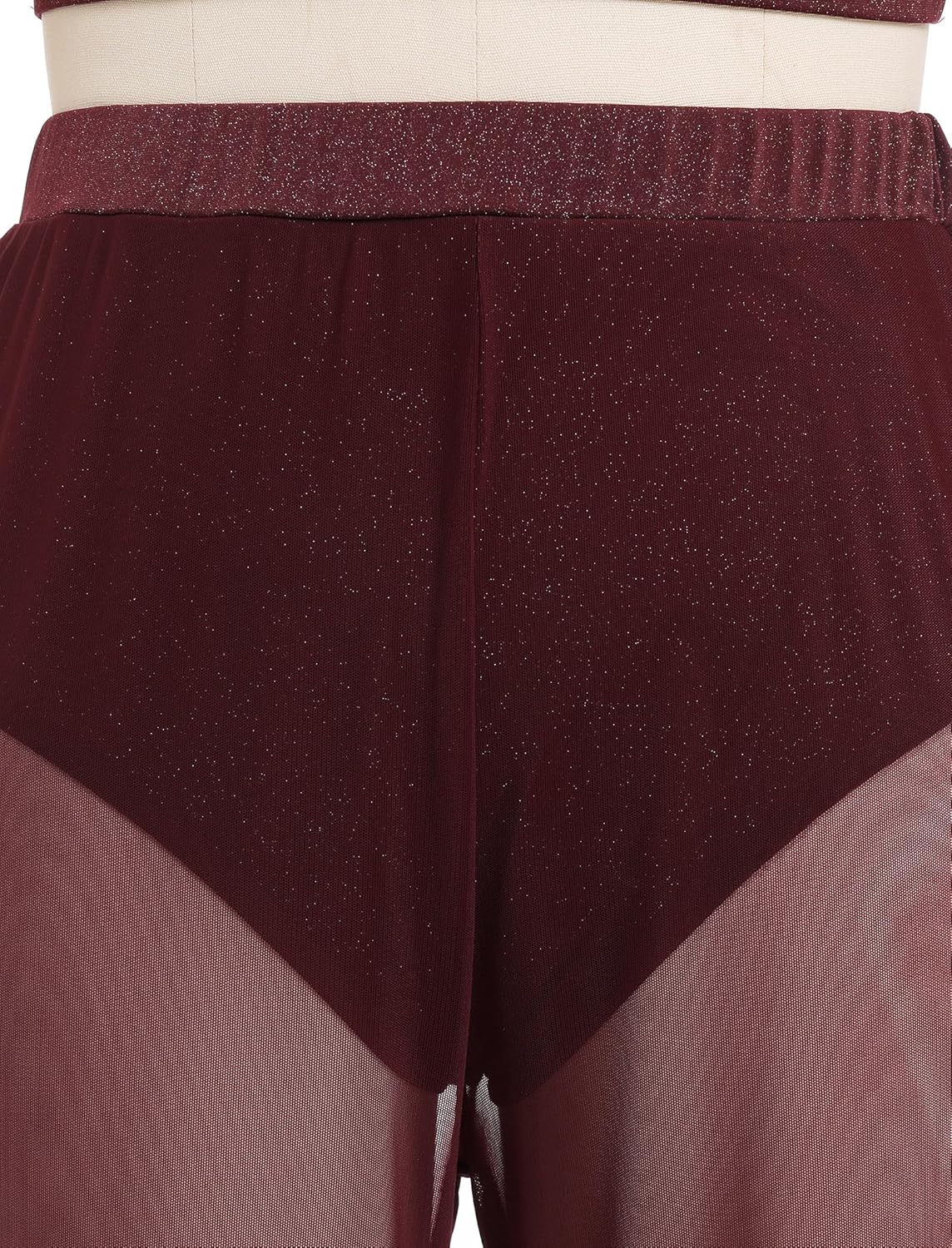 AFAVOM Lyrical Dance Dress for Women Modern Contemporary Dance Costume Cutout Crop Top + Mesh Sheer Pants 2PCS Ballet Outfits