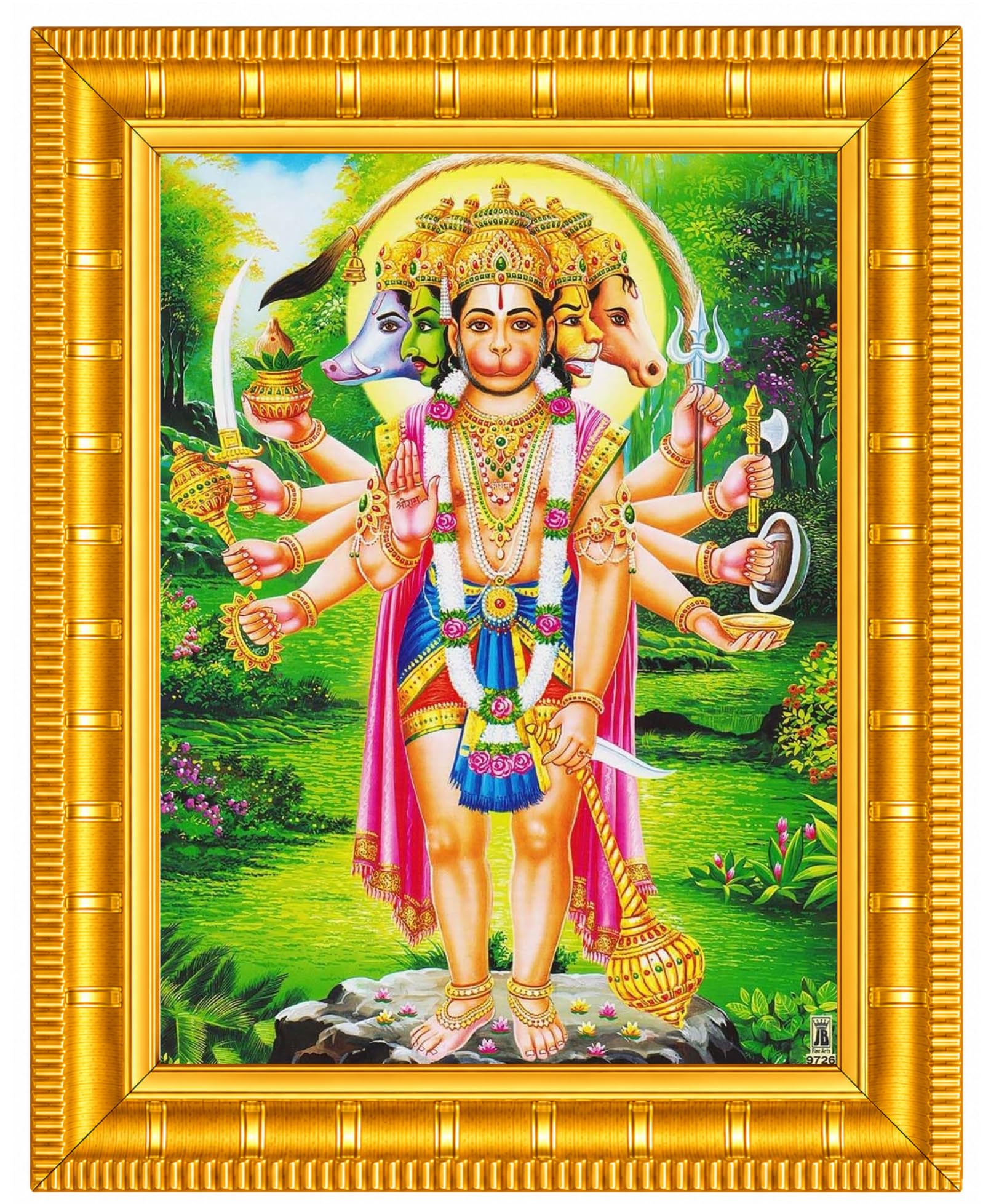 Panchmukhi Hanuman Photo Frame – Five Faced Anjaneya Bajrangbali Golden Framed Painting for Home Temple, Mandir & Main Door, Protection & Strength (6 x 8 inches)-image-34