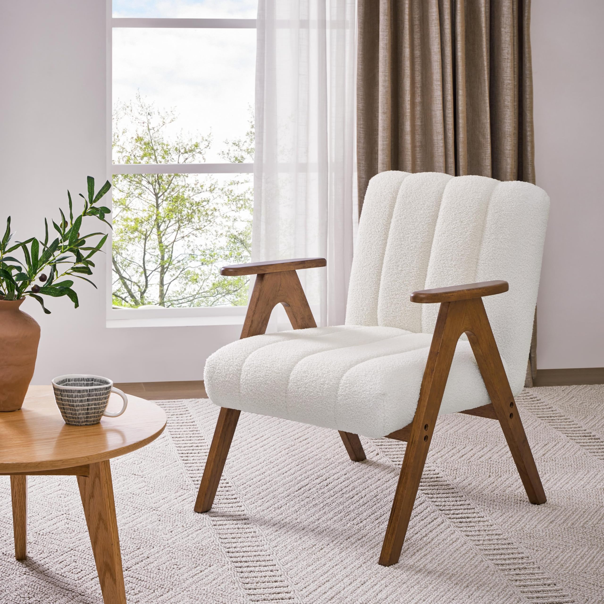Yaheetech Fauteuil de Salon Scandinave en Tissu Bouclette Fauteuil Lecture avec Accoudoirs Chaise Coiffeuse Pieds en Bois Massif Assise Large Dossier Ergonomique pour Salon Chambre Bureau Blanc