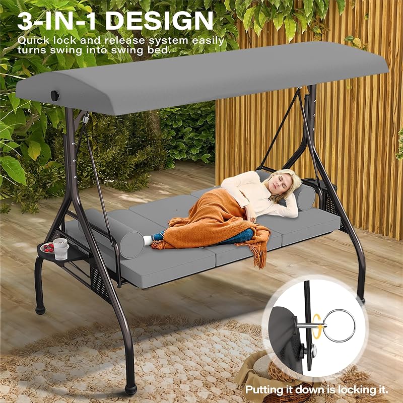 SUNCROWN Outdoor 3 in 1 Porch Swing Chair, 3 Seat Patio Swing Glider with Adjustable Canopy, Heavy Duty Swings with Thickened Cushions, Pillows & Cup Holders for Backyard, Porch, Garden,Grey image 3