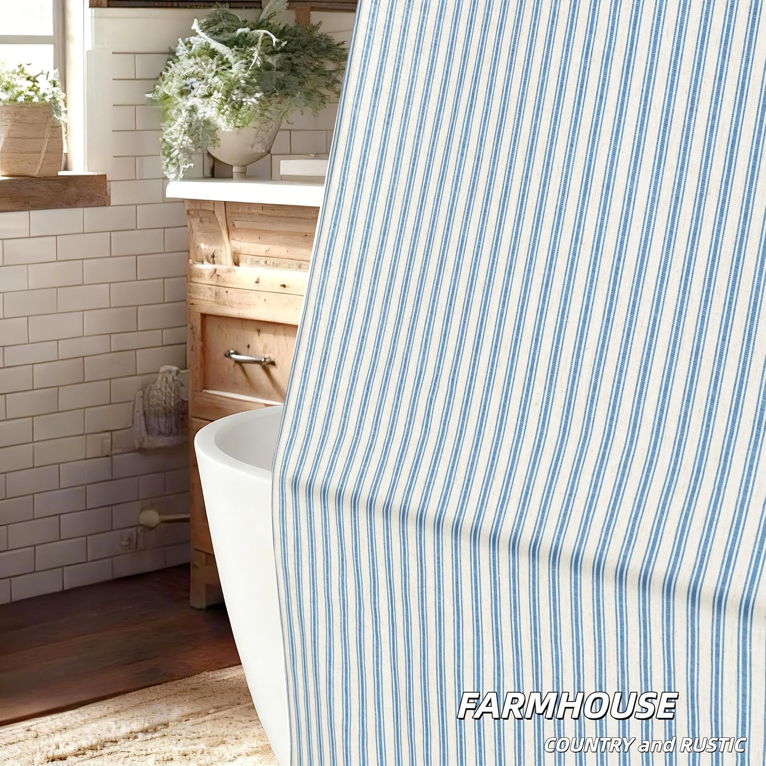Blue Striped Linen Shower Curtain, Vintage Farmhouse Style Bath Curtain for Bathroom, Country Fabric Shower Curtain with Rustic Charm, Standard Size (72x72 Inches)