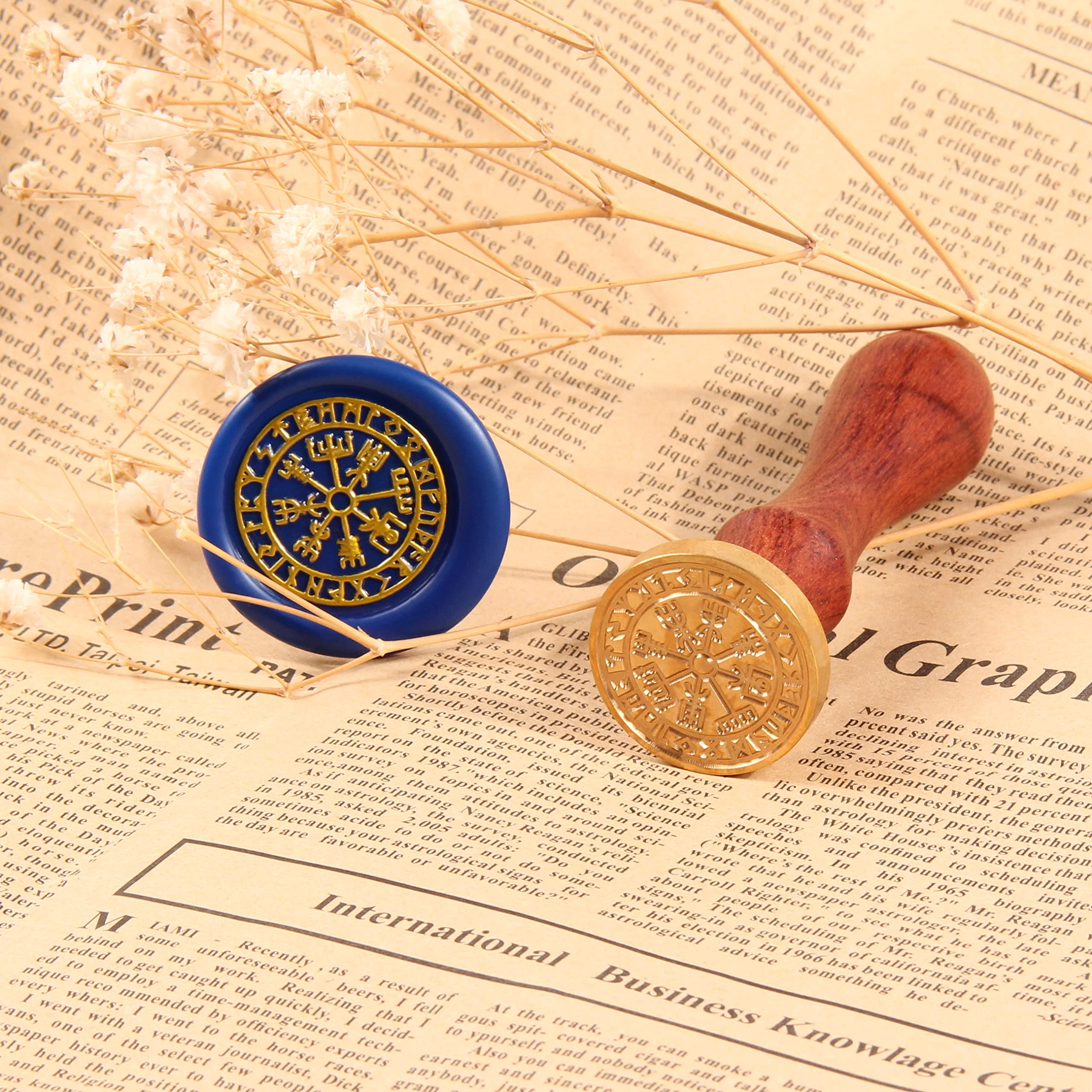 Vegvisir - Sellos de cera de brújula vikinga para sellado de hechizos de runas nórdicas, 25 mm/1 pulgada, cabeza de sello original vintage con mango de madera