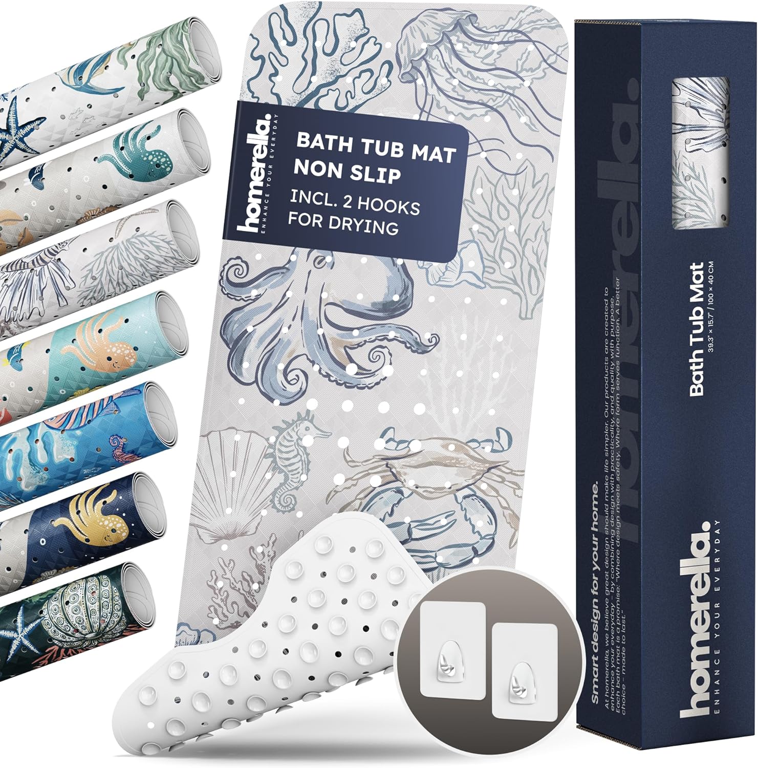 Bathtub Mat Non Slip Anti Mold for Kids 40x16 - homerella® Bath Mat for Tub, BPA Free, Incl. 2 Hooks, Washable Shower Mat Non Slip Anti Mold, Shower Mats for Inside Shower, EU Certified