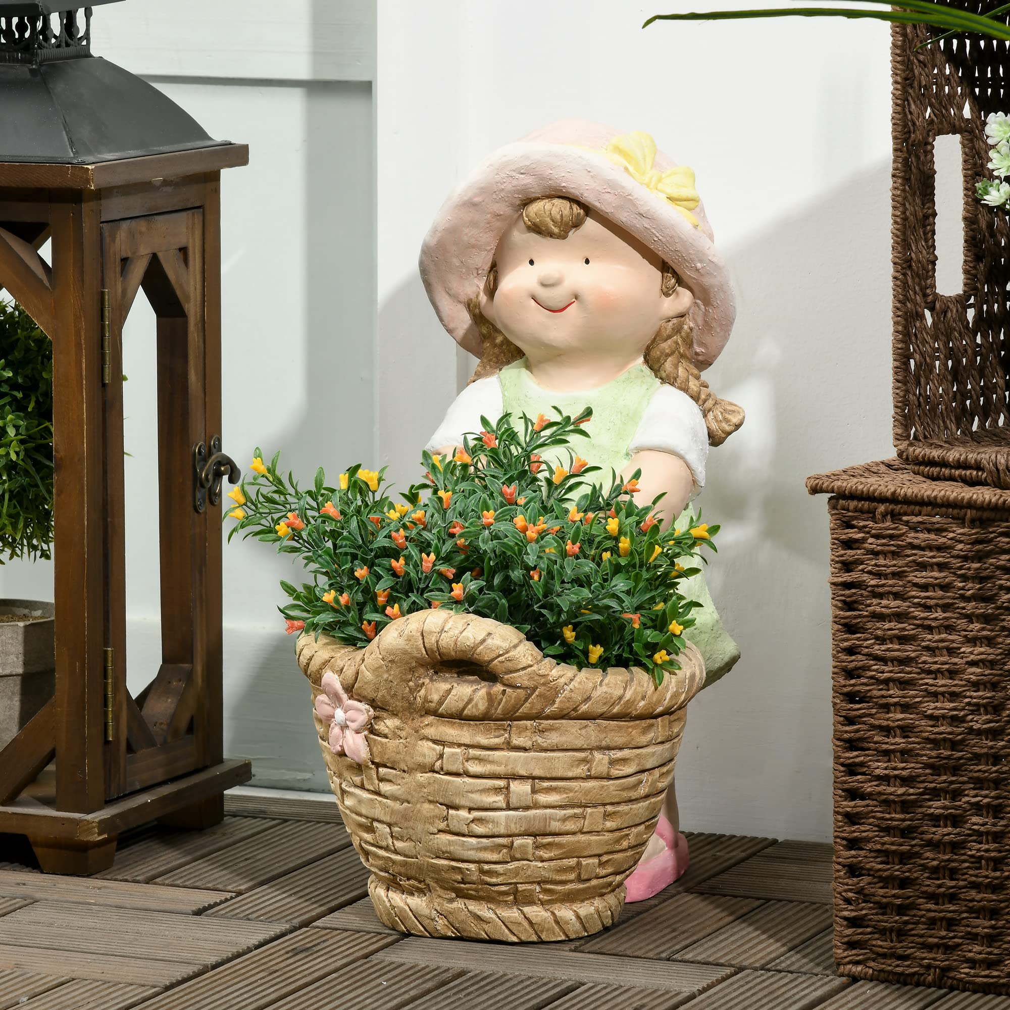 Outsunny figura da giardino "Ragazza con vaso di fiori", statua da giardino resistente alle intemperie, ornamento per vaso di piante, decorazione da giardino, scultura per la decorazione di casa,