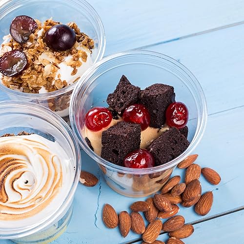 Miniatura 7 de Lot45 Vasos de postre de plástico con tapas, paquete de 100 vasos desechables de plástico transparente de 9 onzas y tapas para bebidas y aperitivos