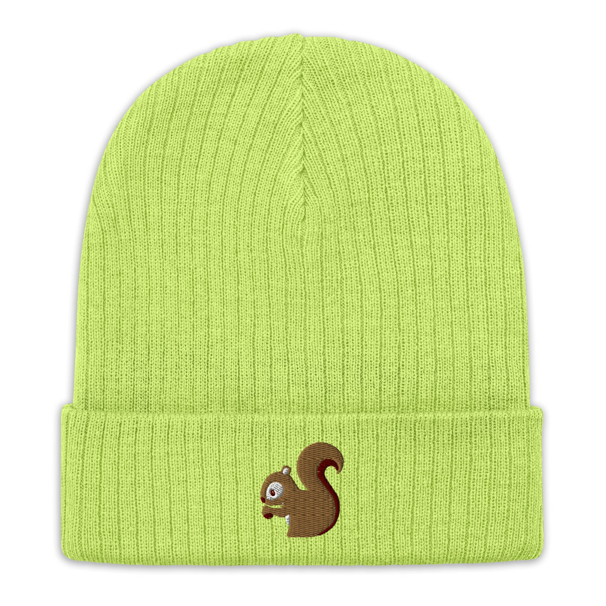Squirrel Ribbed Knit Beanie, Nature Lover Hat, Outdoor Hat, National Park Gift Acid Green