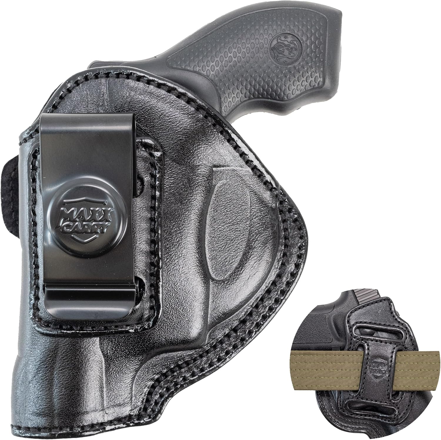 Maxx Carry Multi-Carry 4-Way OWB & IWB Premium Leather Gun Holster fits Ruger LCR, LCRx, SP101 | S&W Bodyguard 38 Special, M&P 340 | Taurus 85, 605, 856 and Other Snub Nose.