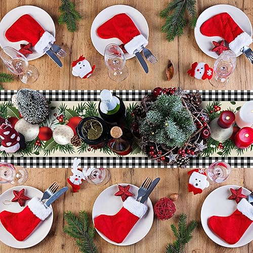 Miniatura 5 de Caminos de mesa de Navidad, camino de mesa de lino de Navidad con diseño de búfalo blanco y negro, para decoración de Navidad, 70.9 x 13.8 in