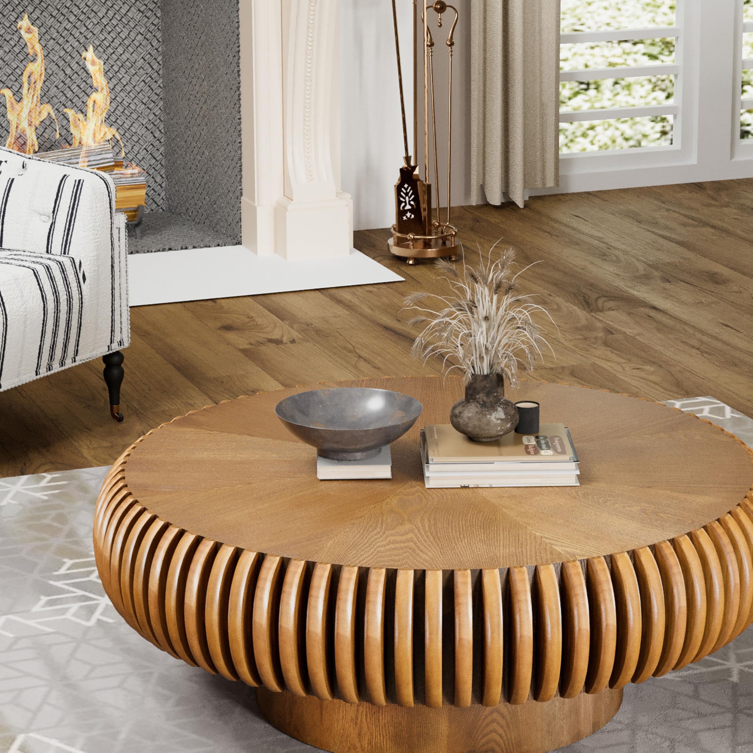 80 cm Mesa de Centro Redonda, Marrón | Tambor Estriado, Estilo Mid-Century - Mesa Central para Salón, Apartamento, Pequeños Espacios - Montaje Sencillo