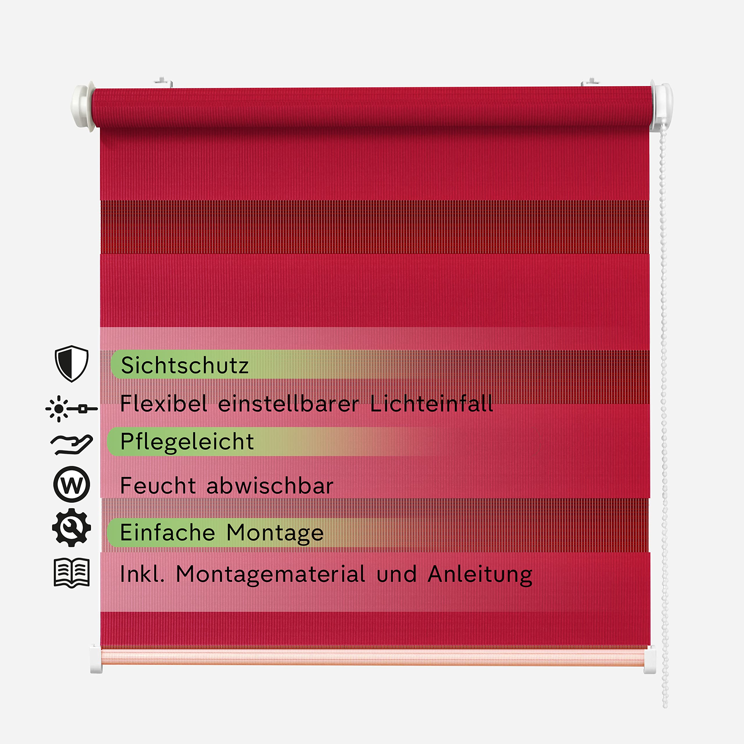 Doppelrollo Fensterrollo COR Duo-Rollo Klemmfixierung Zebrarollo Seitenzugrollo ohne Bohren, lichtdurchlässig und verdunkelnd 100x150 cm, rot