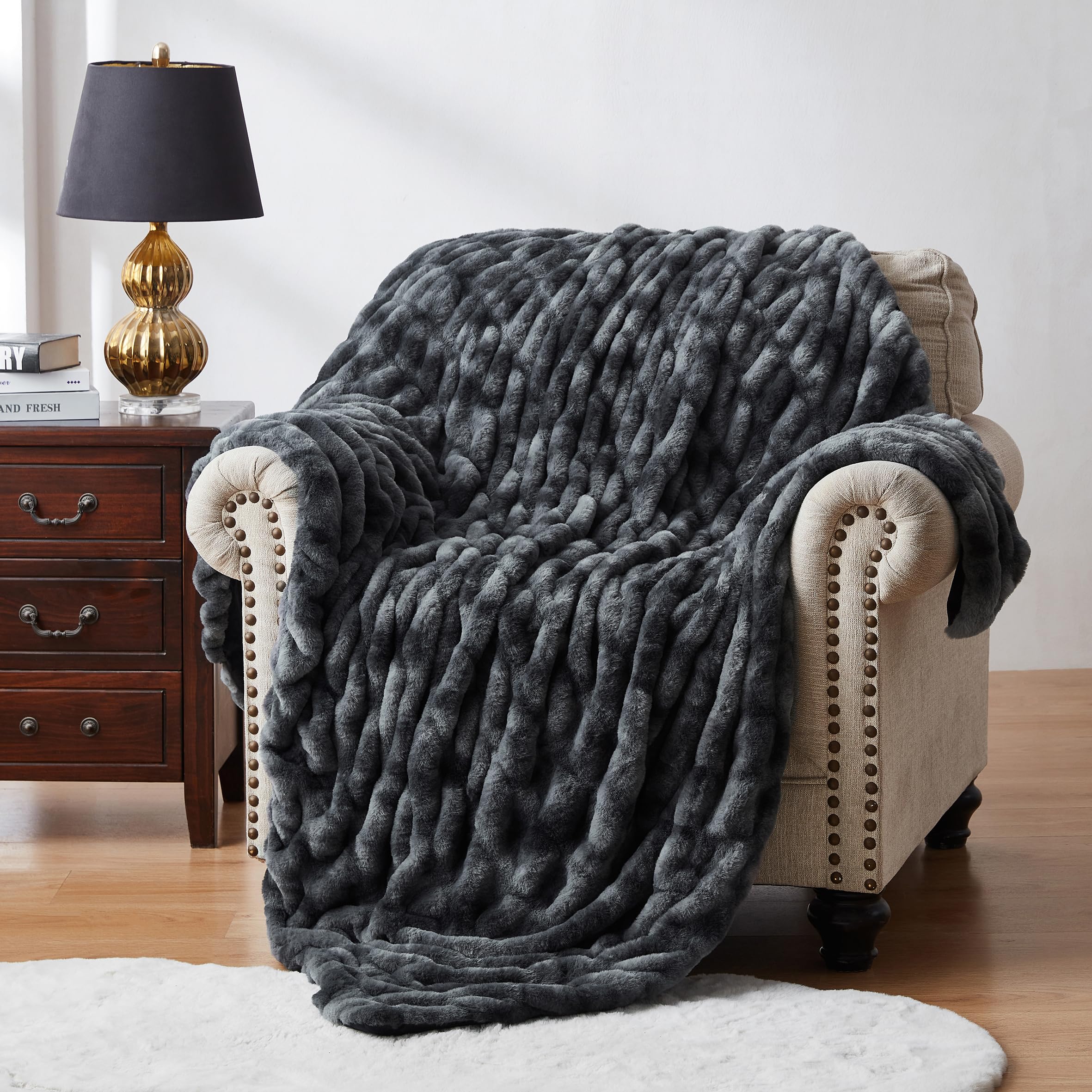 WDCOZY WDCOZY Ruched Faux Fur Throw Blanket Soft Cozy Fluffy Luxurious Blankets Couch Bed Sofa Chair Home Decor Warm Furry Fall Winter Plush Rabbit Fur Bubble Blanket 60" x 80", Charcoal Gray Dark Grey