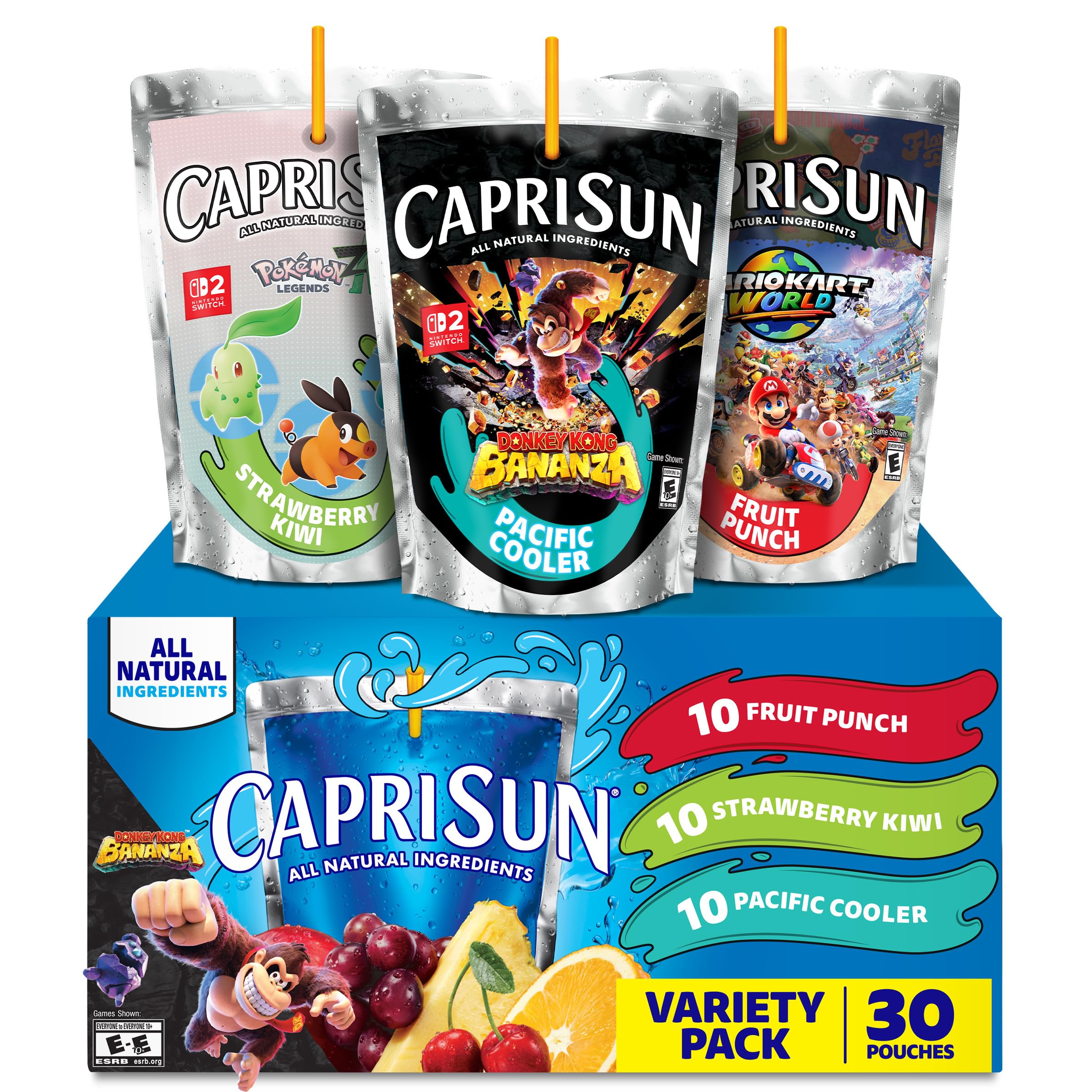 Capri Sun Fruit Punch, Strawberry Kiwi and Pacific Cooler Flavored Juice Drink Blend Variety Pack, 30 ct Box, 6 fl oz Pouches
