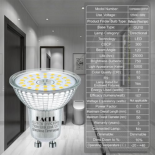 Miniatura 5 de EACLL MR16 GU10 LED Bulb Dimmable, 5000K Daylight, 7W Equivalent 75W, 25,000 Hours Lifetime, Energy Efficient Light, 750 Lumens 120 Degree Flood