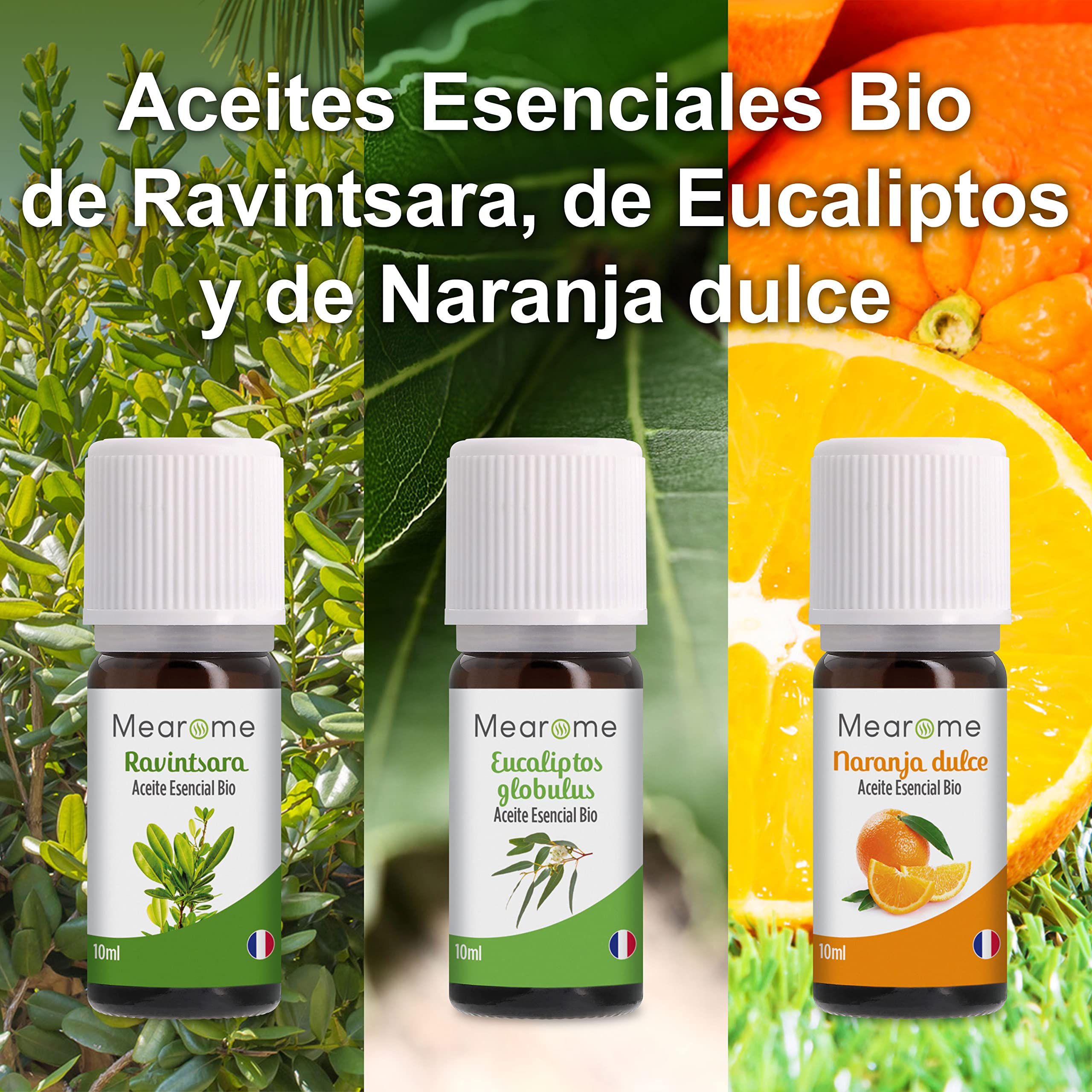 Set de Aceites Esenciales 100% Naturales Bio | Para Humificador Difusor, Aromaterapia | Menta, Eucalipto, Cedro de Atlas, Citronela, Naranja, Limón, Lavandín, Ravintsara | Mearome Fabricado en Francia