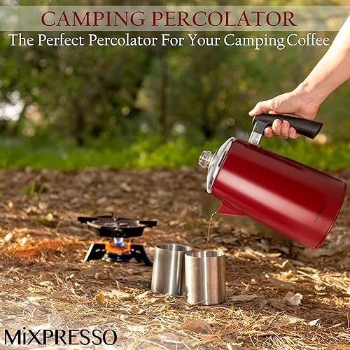 Miniatura 5 de Mixpresso Percolador de café rojo de acero inoxidable, cafetera clásica de 52 onzas, ideal para olla de campamento, cafetera de 12 tazas, mango frío