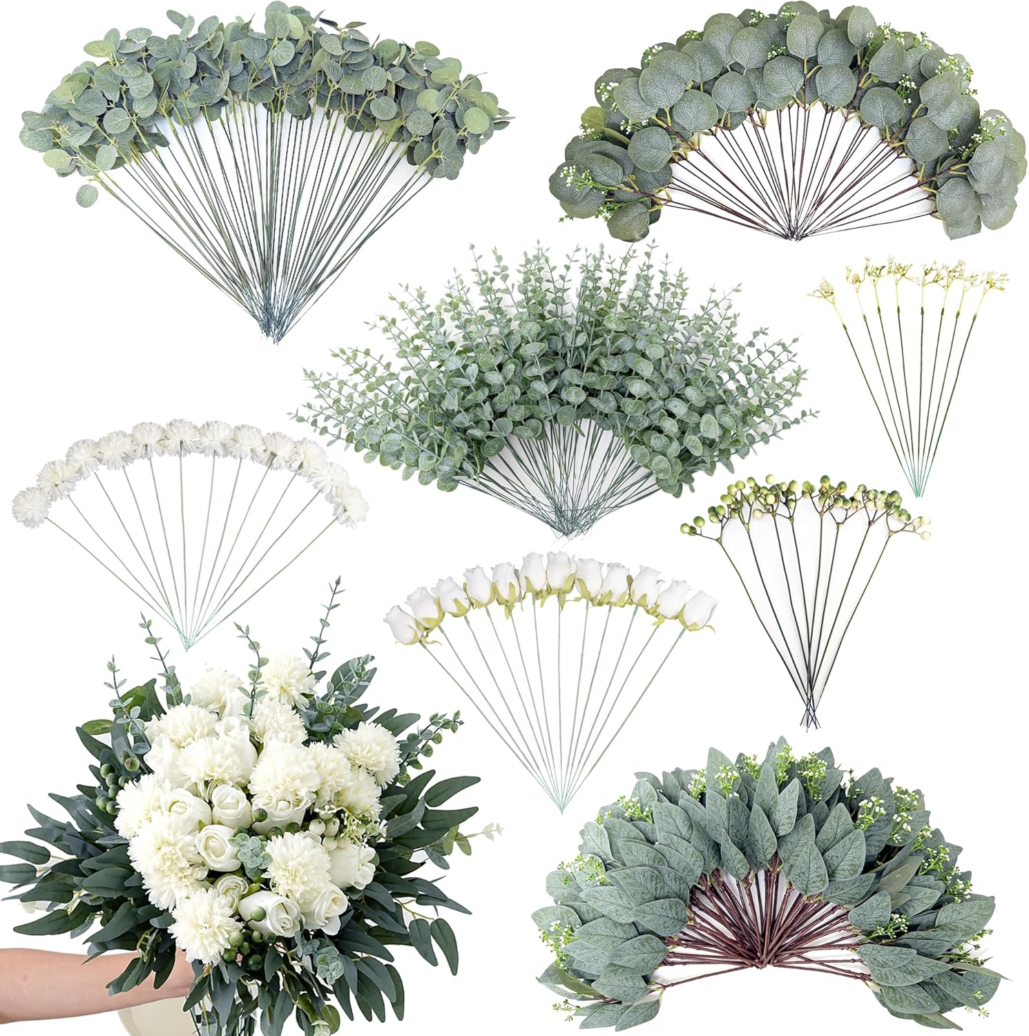 260 Pcs Mixed Eucalyptus Leaves Stems 8 Kinds Artificial Bulk Fake Silver Dollar Eucalyptus Bundle Faux Plants Greenery for DIY Wedding Vase Bouquets Floral Arrangement Engagement Decor （Green）