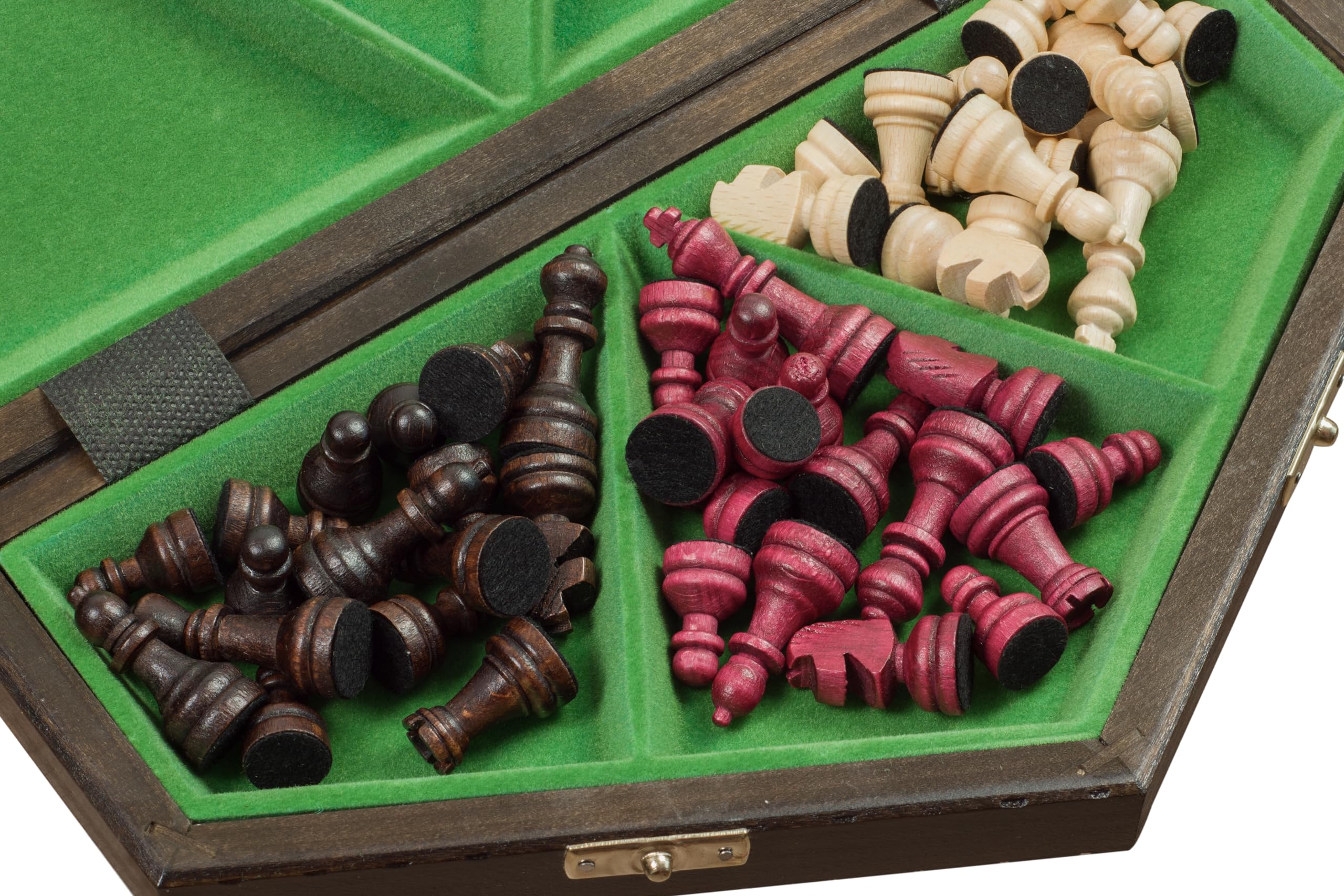 Small 3 Player Chess Set - 32cm Hexagonal Board Without Notation/Edge Numbers, Brown, White And Red Pieces