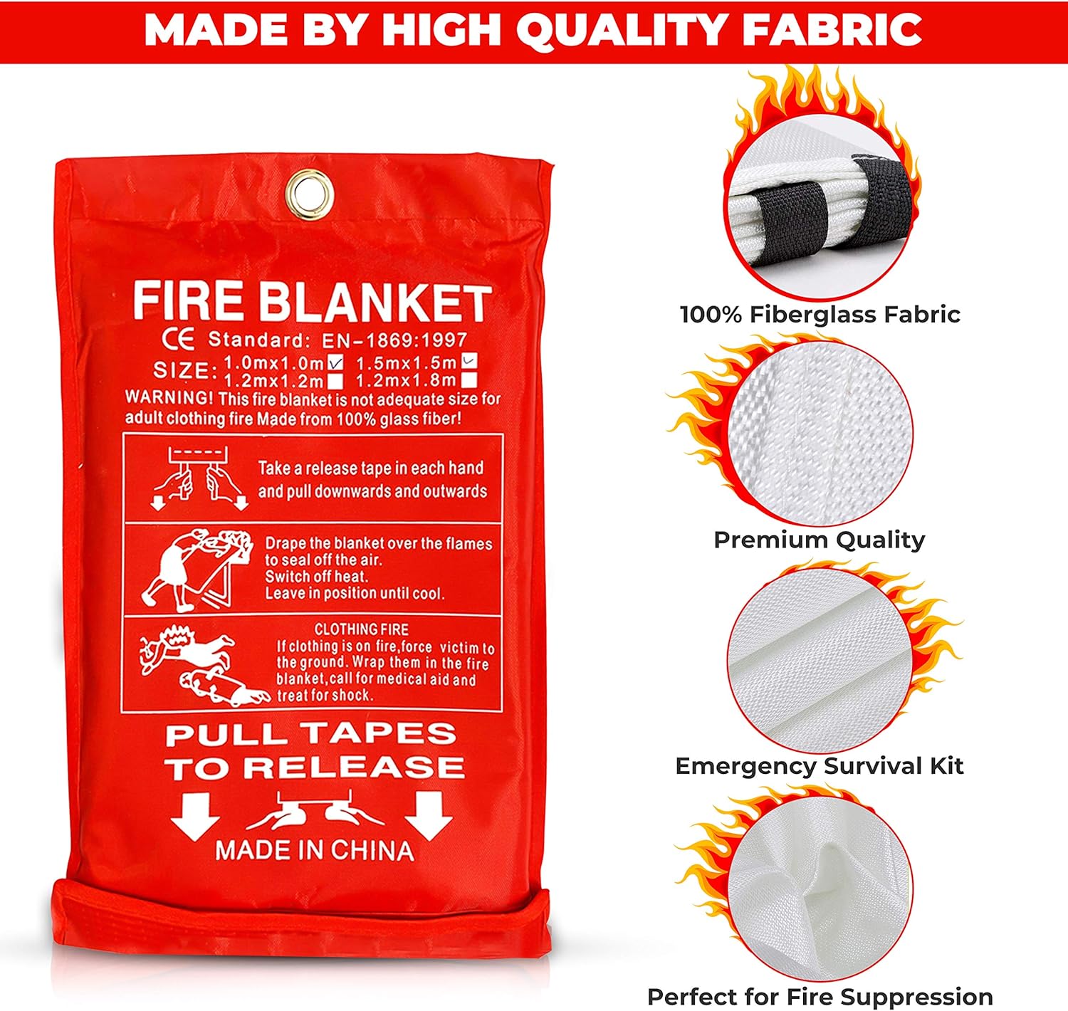 Safe Fire Blanket Emergency Survival Kit, Includes Fire Suppression & Extinguisher Blankets with Protective Gloves and Hooks Good for a Safety Camping, Grilling, Kitchen, Car & People Size 40"x40" (6) : Tools & Home Improvement