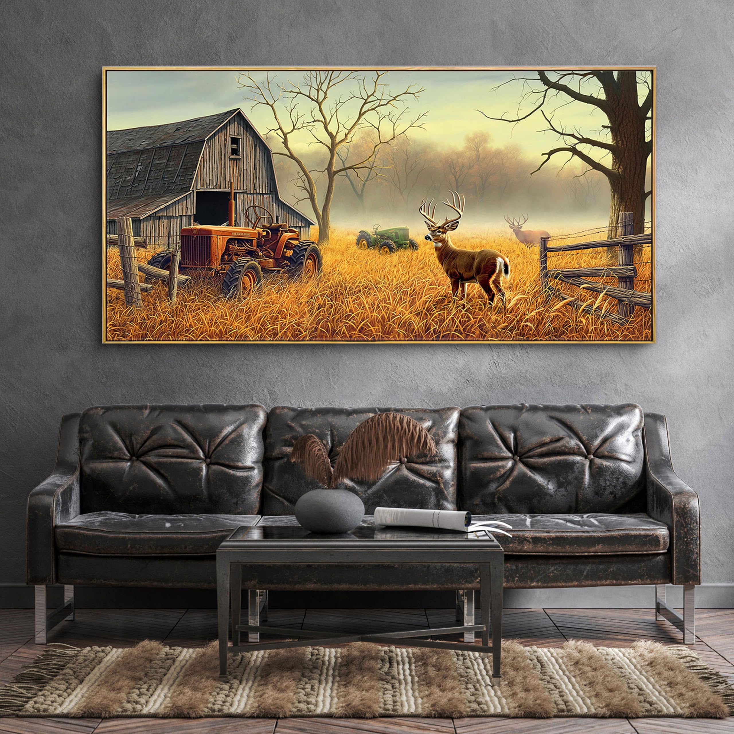 XLSJERST Large Deer Wall Art for Living Room Canvas Prints Decor Decoration Country Tractor Rustic Wildlife Cabin Hunting Picture Glass Surface