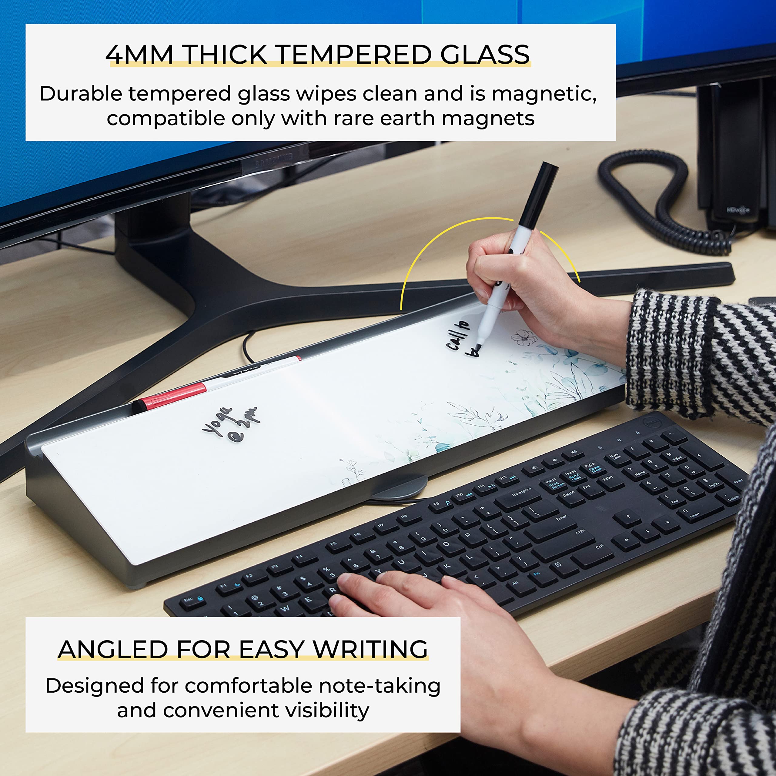 MessageStor - Tastiera scrivibile e conserva, superficie in vetro cancellabile a secco, 45,7 x 16,5 cm, lavagna angolata, con scomparto per accessori e caricatore integrato per smartphone, design