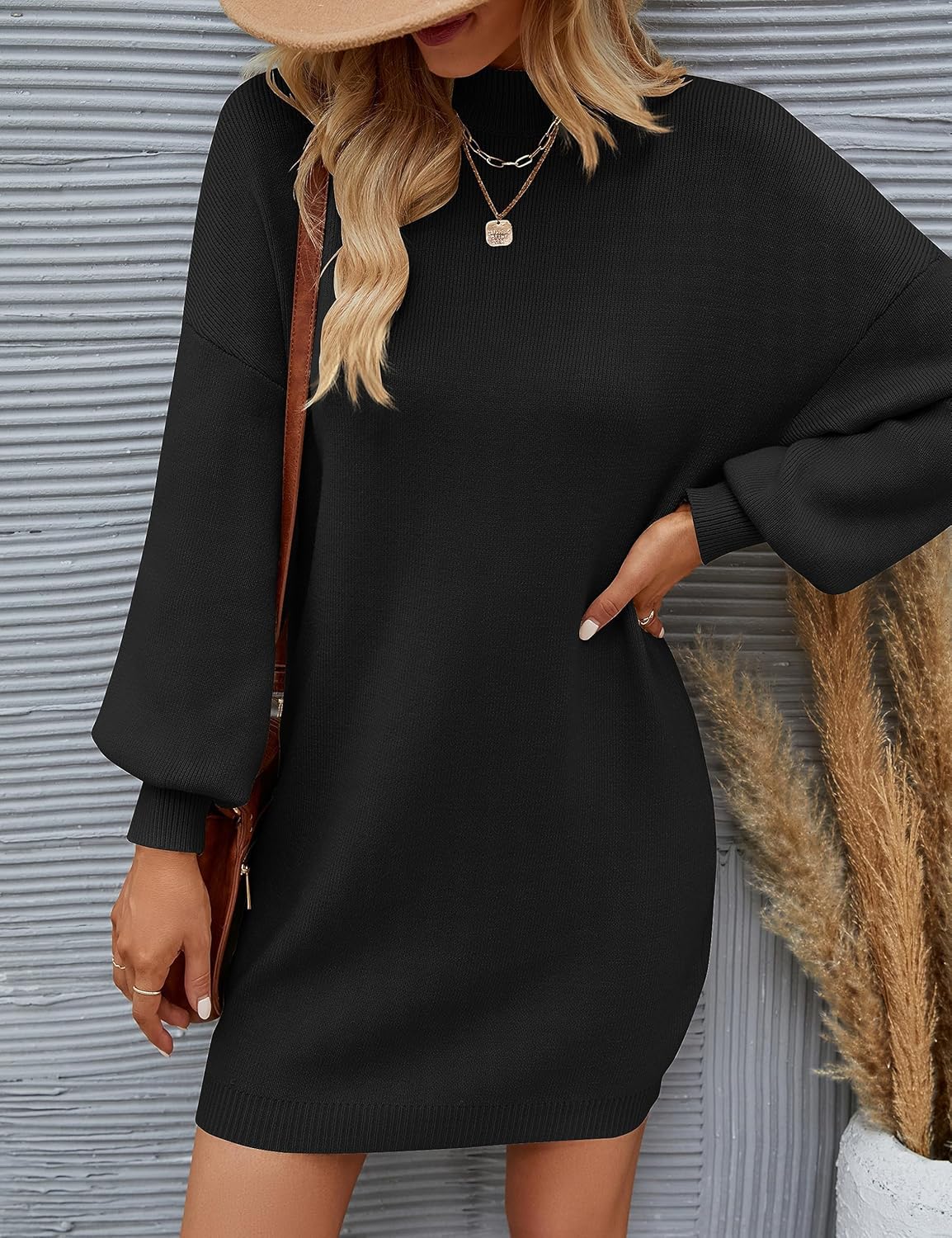 ZESICA Women's 2026 Spring Turtleneck Sweater Dress Oversized Long Lantern Sleeve Casual Knit Pullover Mini Dresses - Image 2