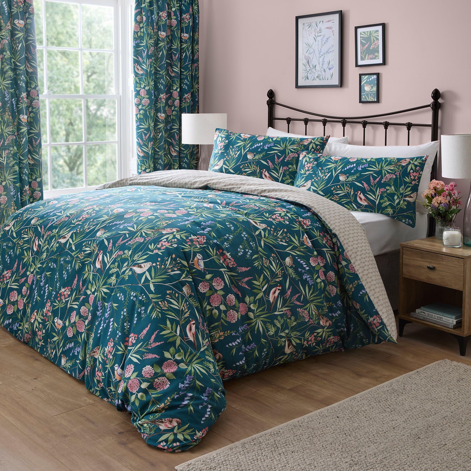 Dreams & Drapes Green - Teal Floral & Bird Duvet Cover - Super King Bedding (260 X 220Cm) - Reversible (2 Designs) - 3 Pieces - Vintage Floral Bedding In Dark - Spring Garden Flower Bed Set 220Cm
