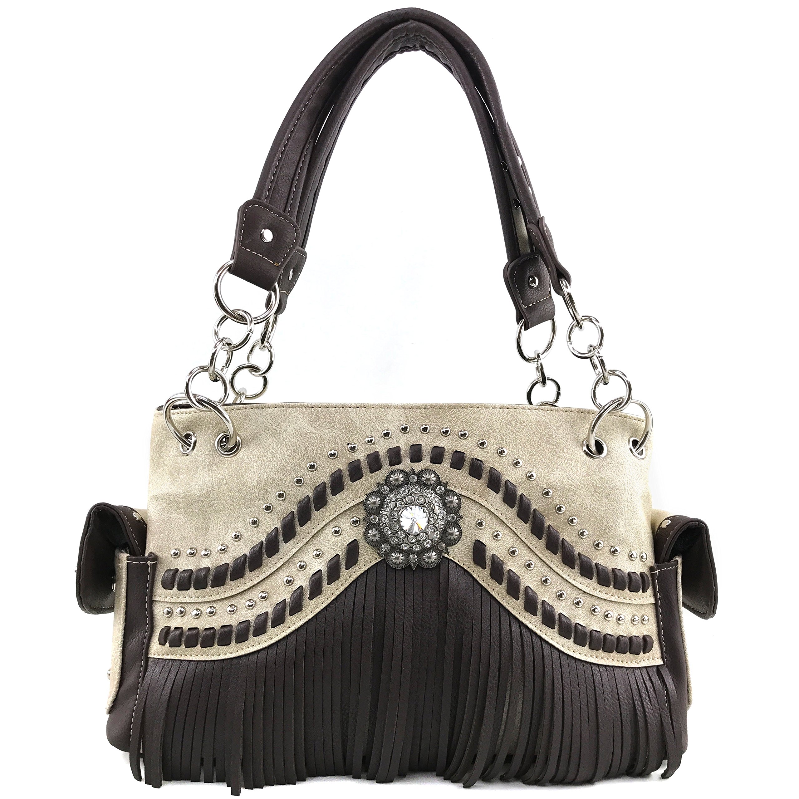 Justin West Western Tooled Rhinestone Concho Weaved Leather Fringe Chain Shoulder Handbag Purse with Concealed Carry (Beige Handbag)